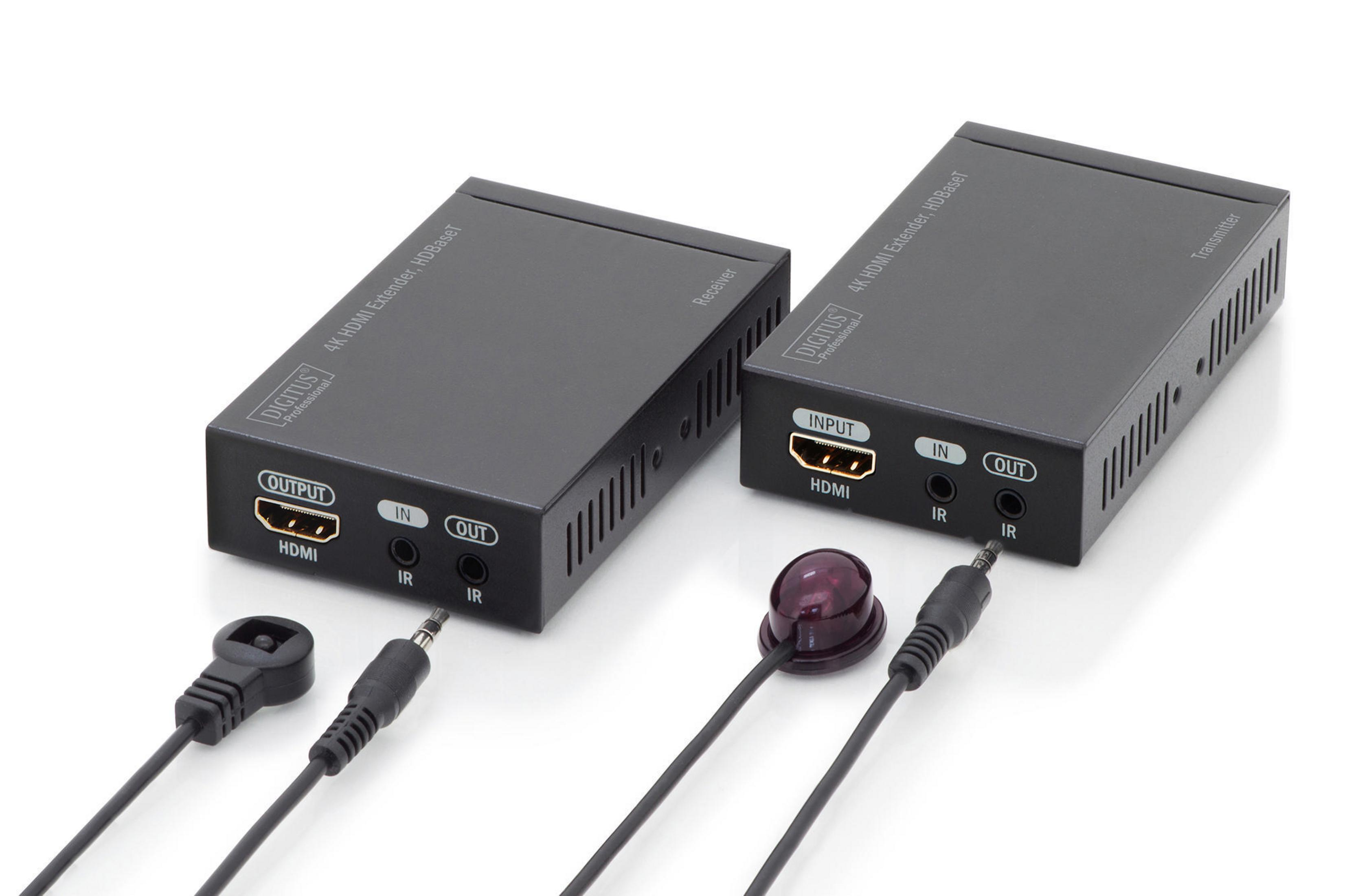Zwei schwarze HDMI-Extender mit Kabeln. Ein Empfänger, ein Sender, mit Anschlüssen und IR.