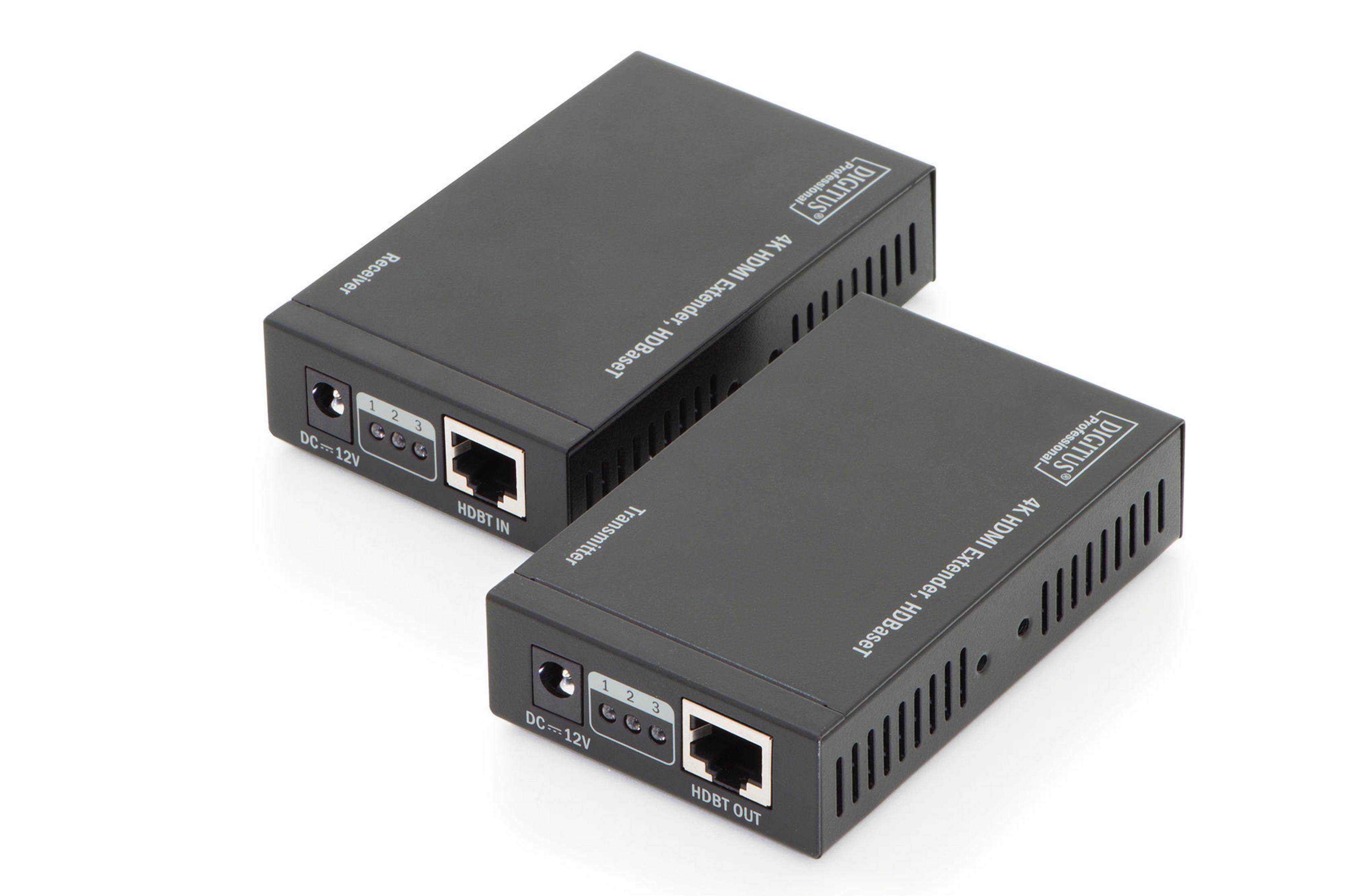 Zwei schwarze HDMI-Extender mit Anschlüssen. Einer hat die Bezeichnung "Receiver", der andere "Transmitter".