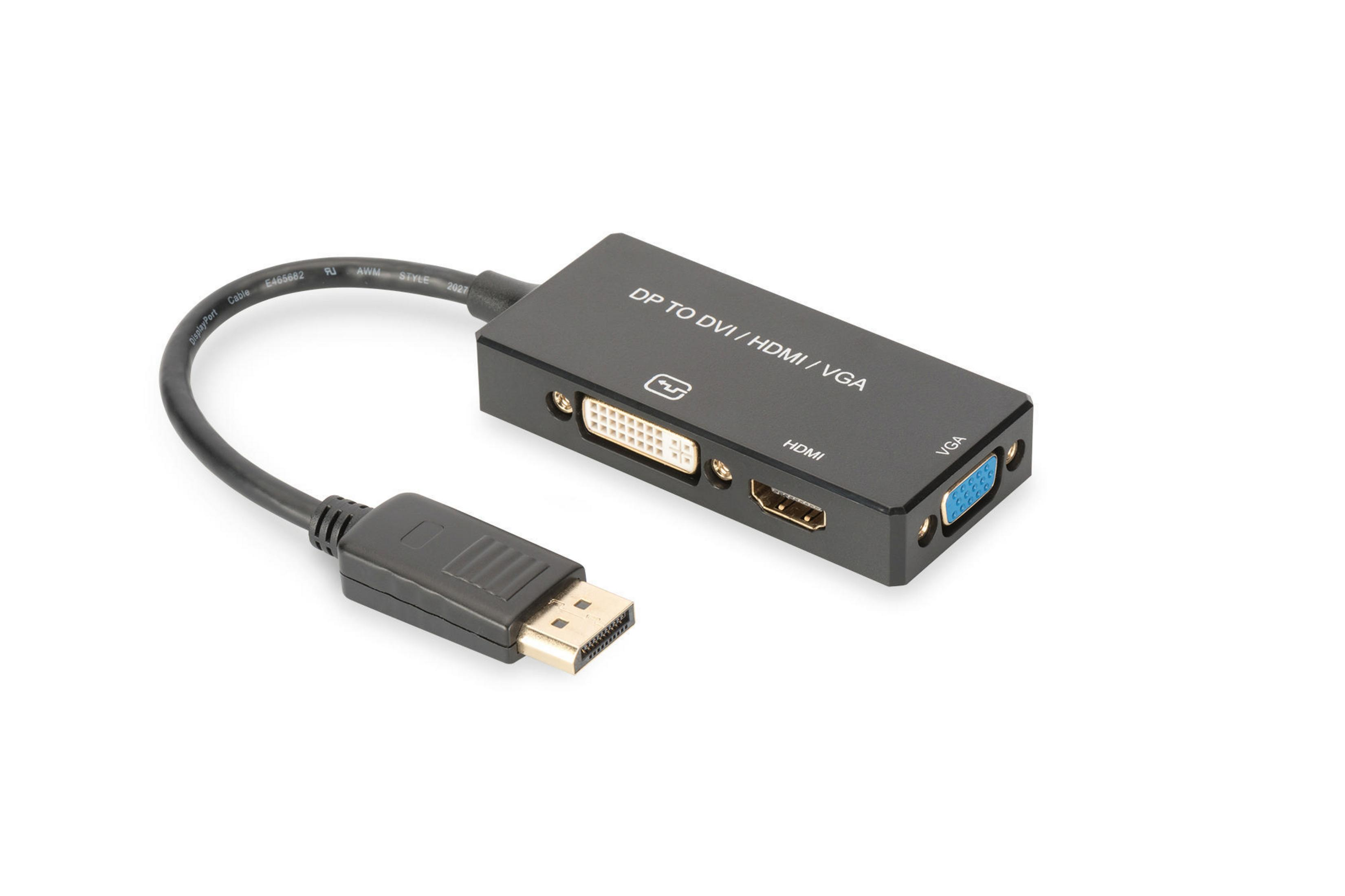 Ein schwarzes DP-zu-DVI/HDMI/VGA-Adapterkabel mit mehreren Anschlüssen.