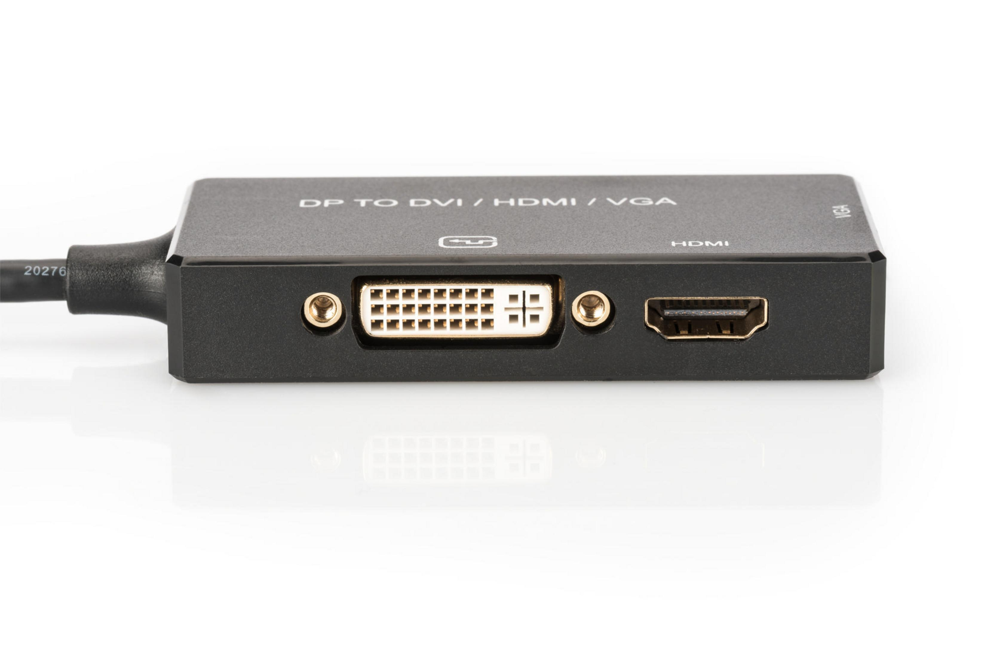 Schwarzer DP-zu-DVI/HDMI/VGA-Adapter mit verschiedenen Anschlüssen.