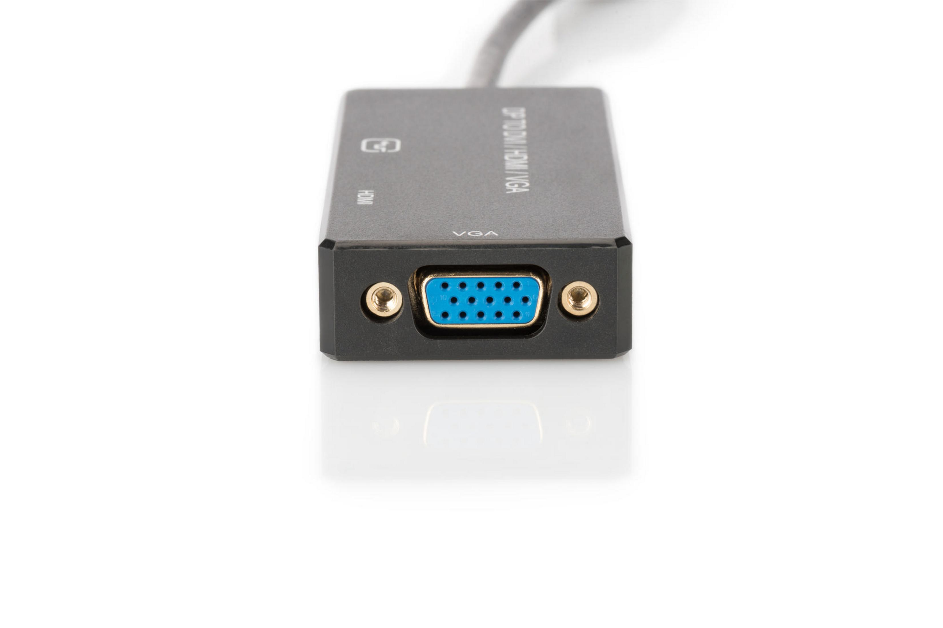 Schwarzer Adapter mit VGA-Anschluss und blauem Stecker, weißer Hintergrund.