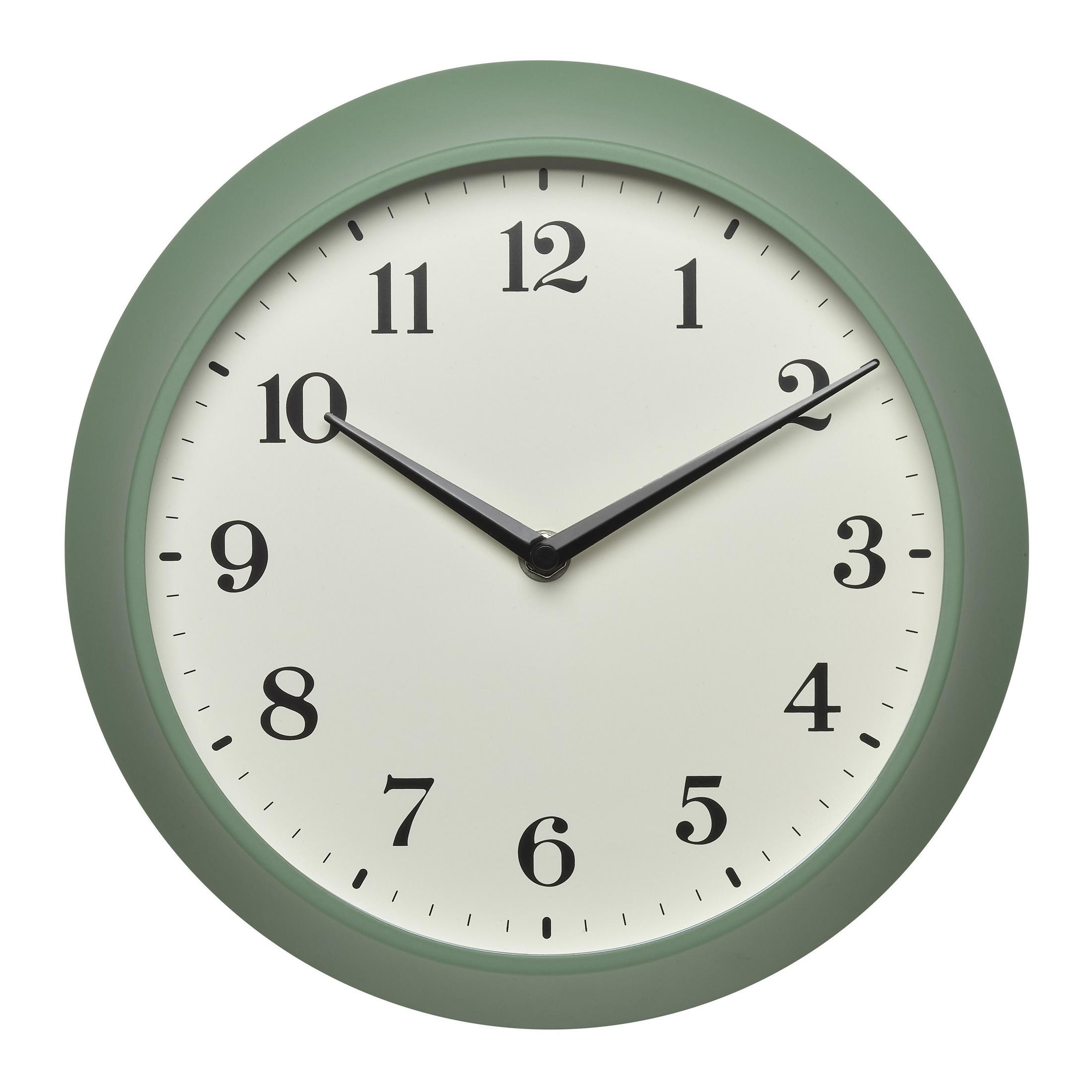 Eine grüne runde Wanduhr mit schwarzen Zeigern und Zahlen.