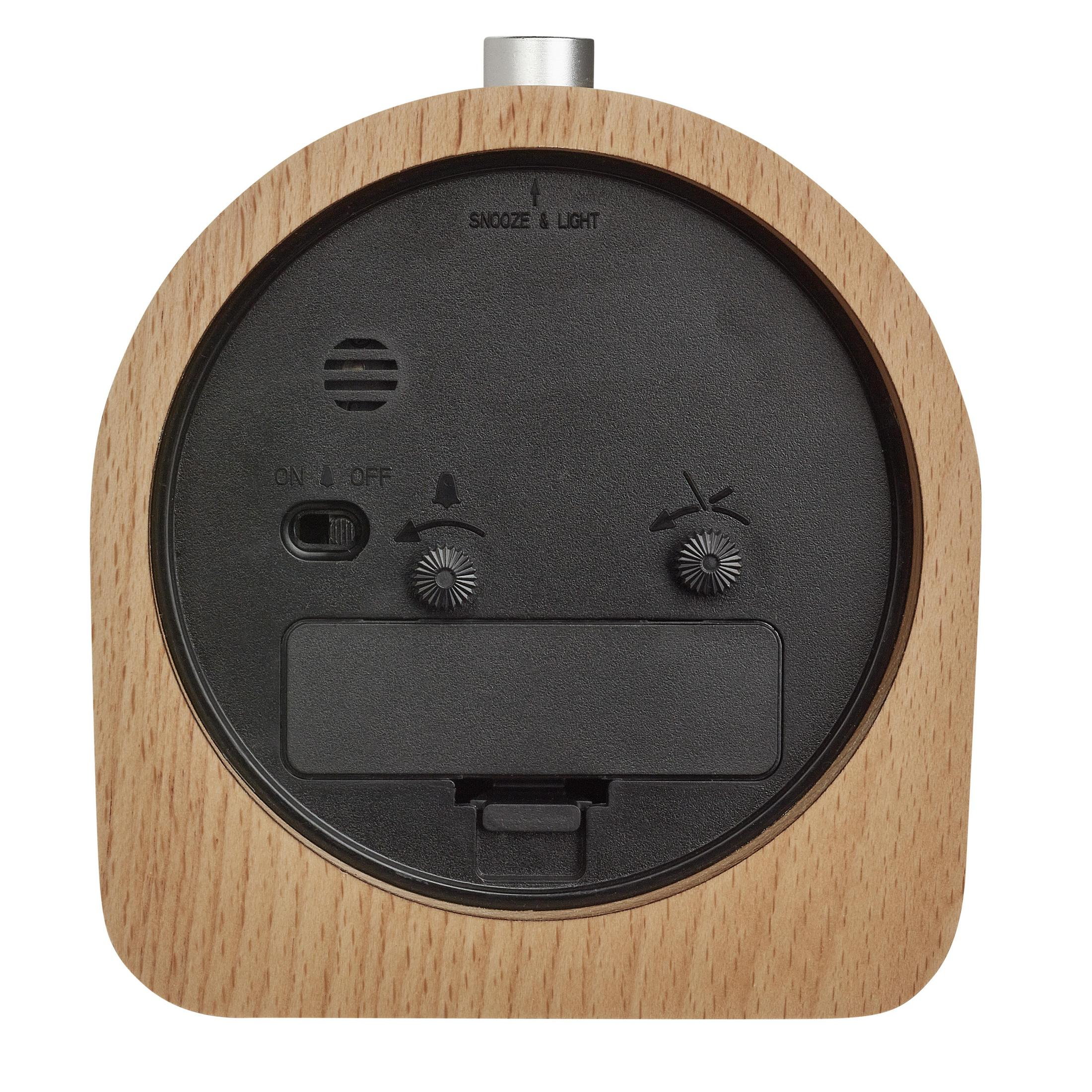 Réveil en bois, cadran noir avec commandes. Boutons snooze et lumière.