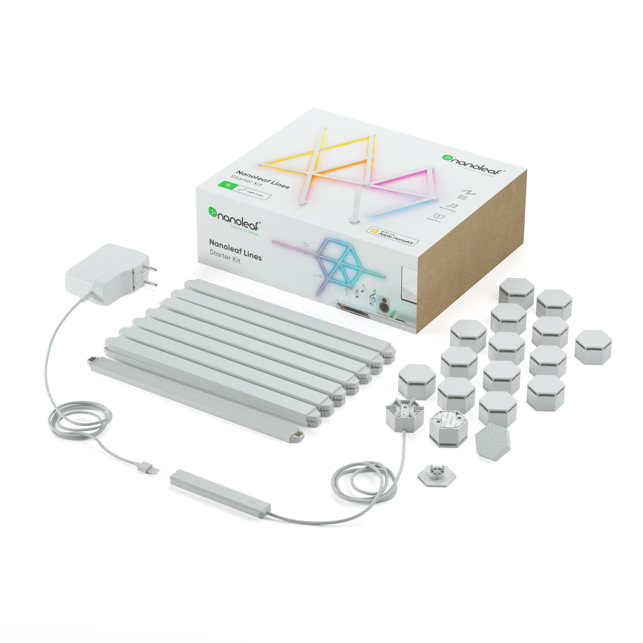 Kit di avvio Nanoleaf Lines con barre luminose, connettori e alimentatore, su sfondo bianco.