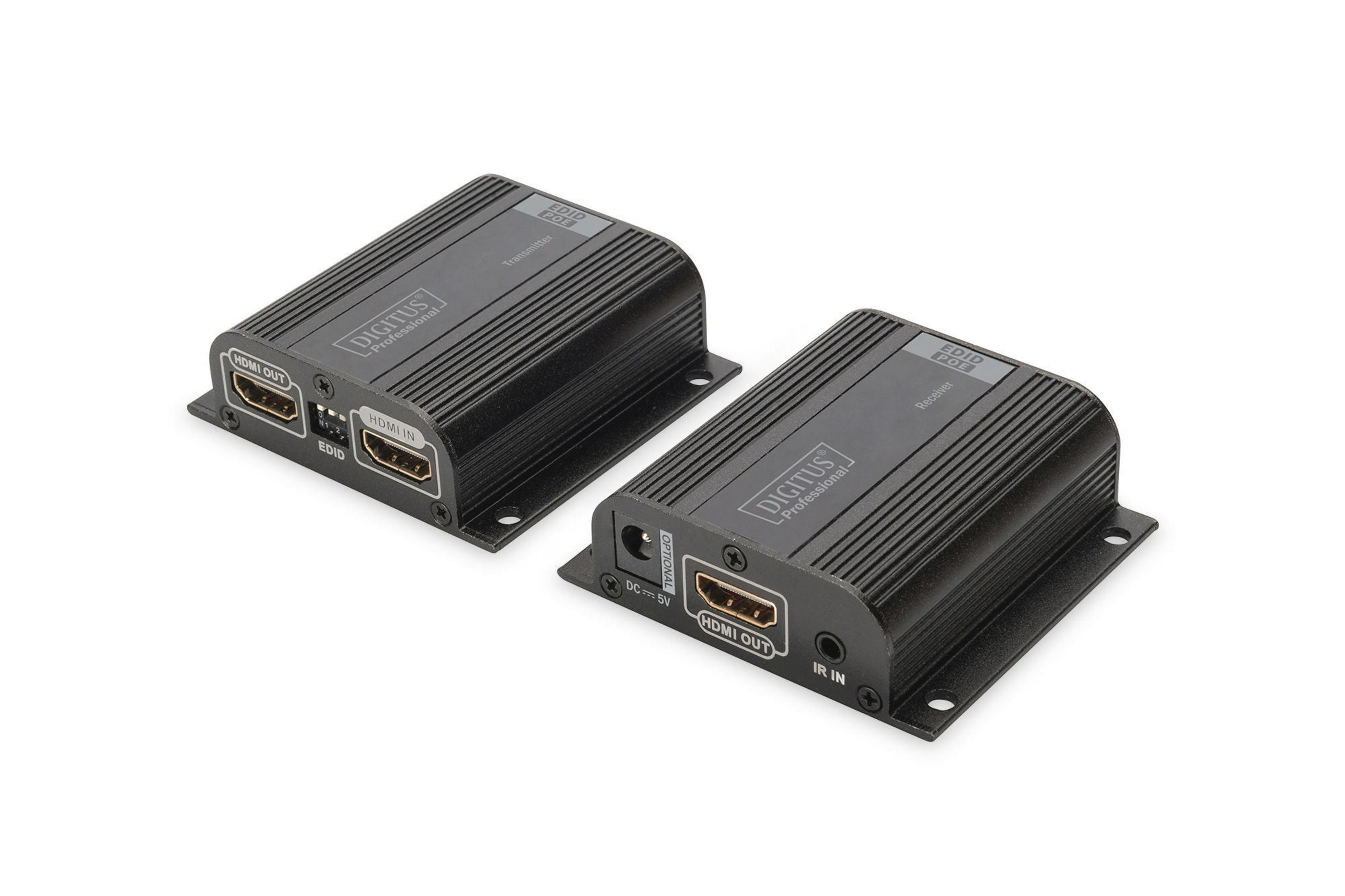 Zwei schwarze HDMI-Extender. Einer sagt „Transmitter“, der andere „Receiver“. Beide auf weißem Untergrund.