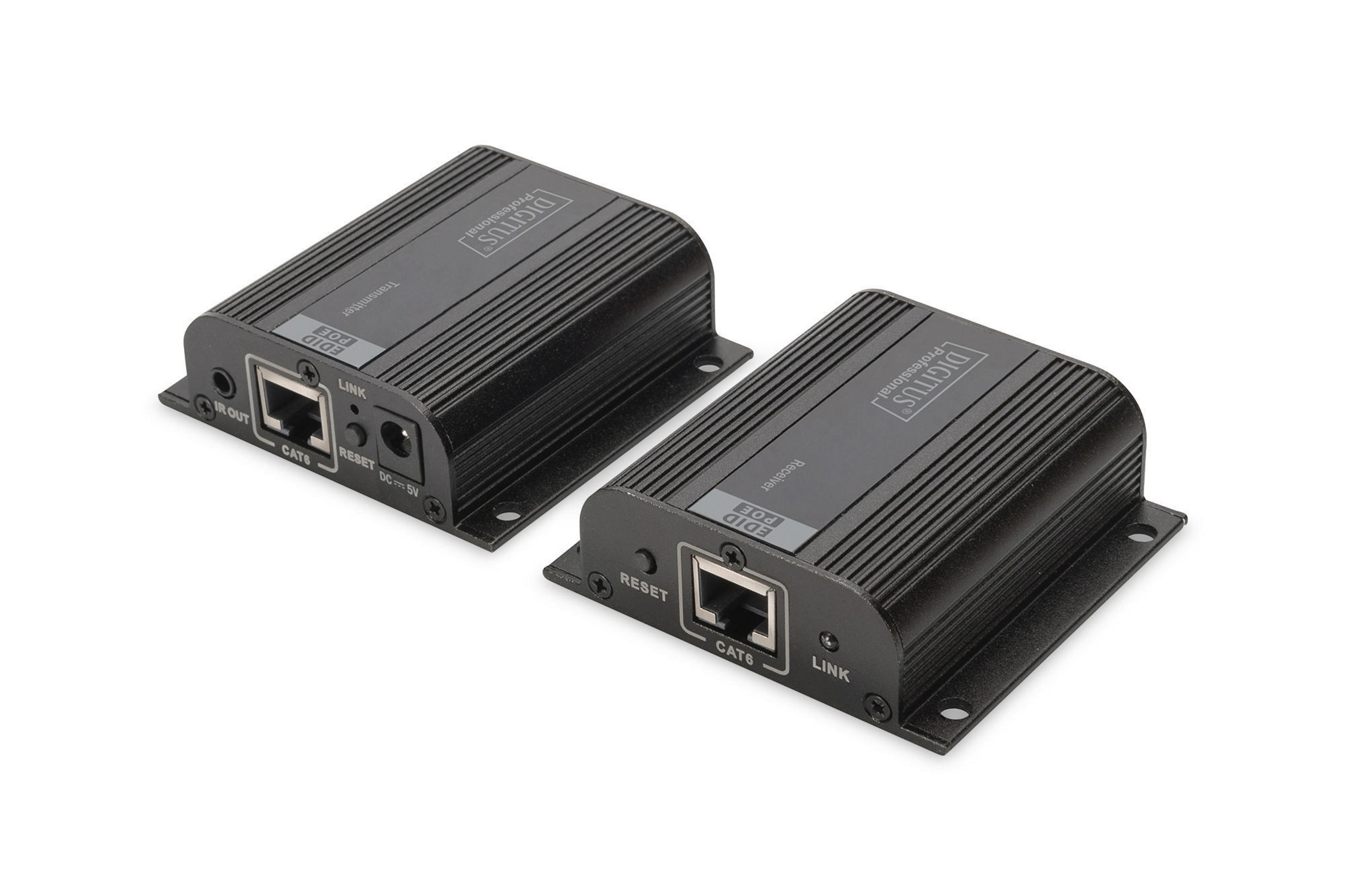 Zwei schwarze DIGITUS Professional PoE-Transmitter auf weißem Hintergrund.