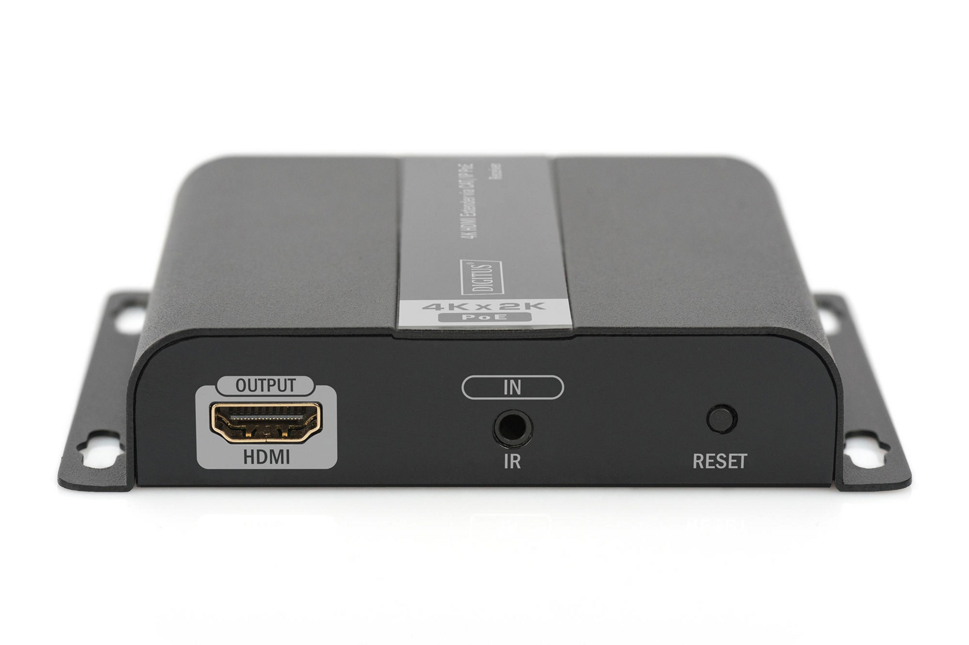 Schwarzes HDMI-Gerät mit HDMI-, IR- und Reset-Anschlüssen, vor weißem Hintergrund.