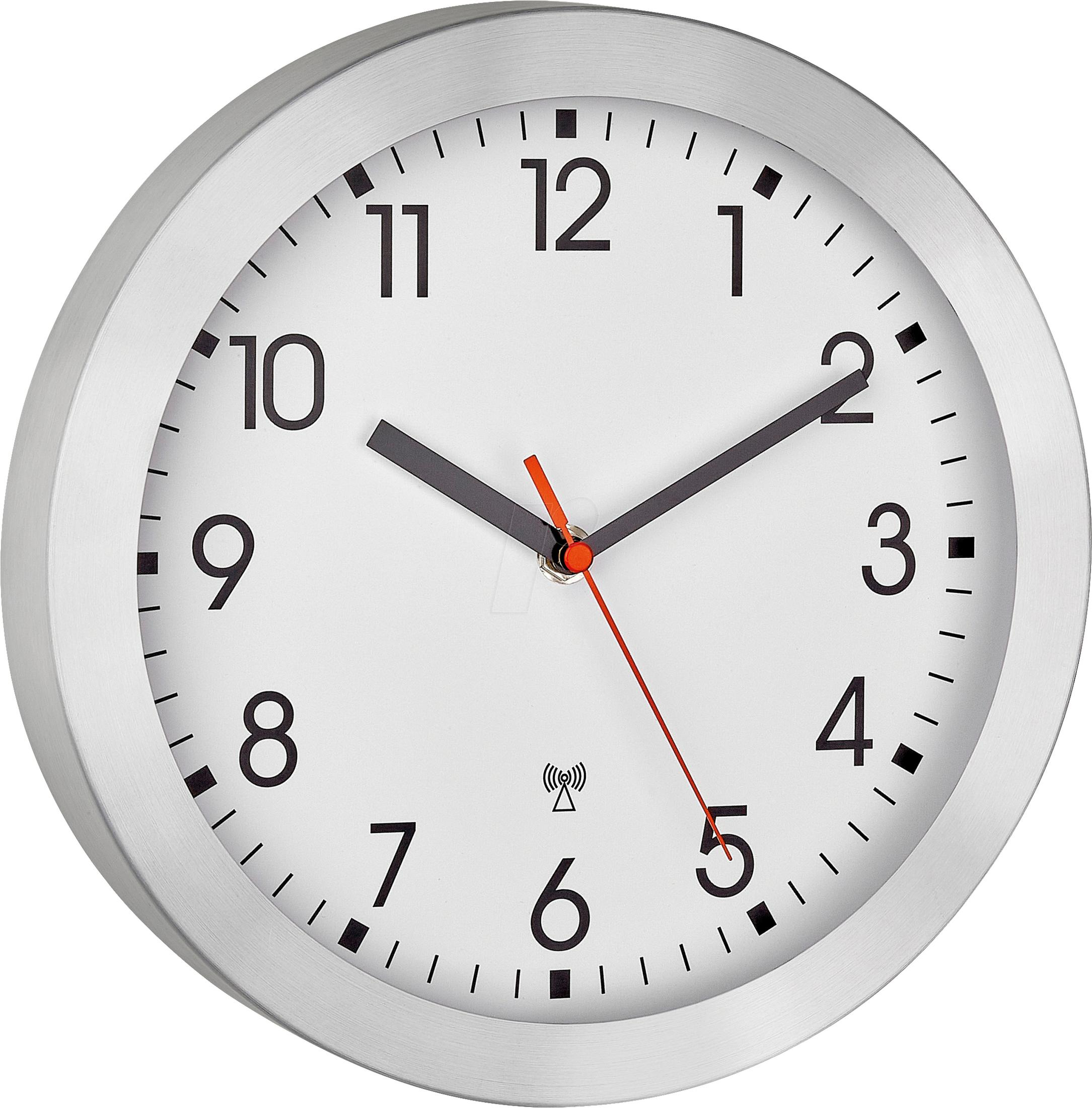 Eine weiße Wanduhr mit schwarzen Zahlen und Zeigern sowie einem roten Sekundenzeiger.