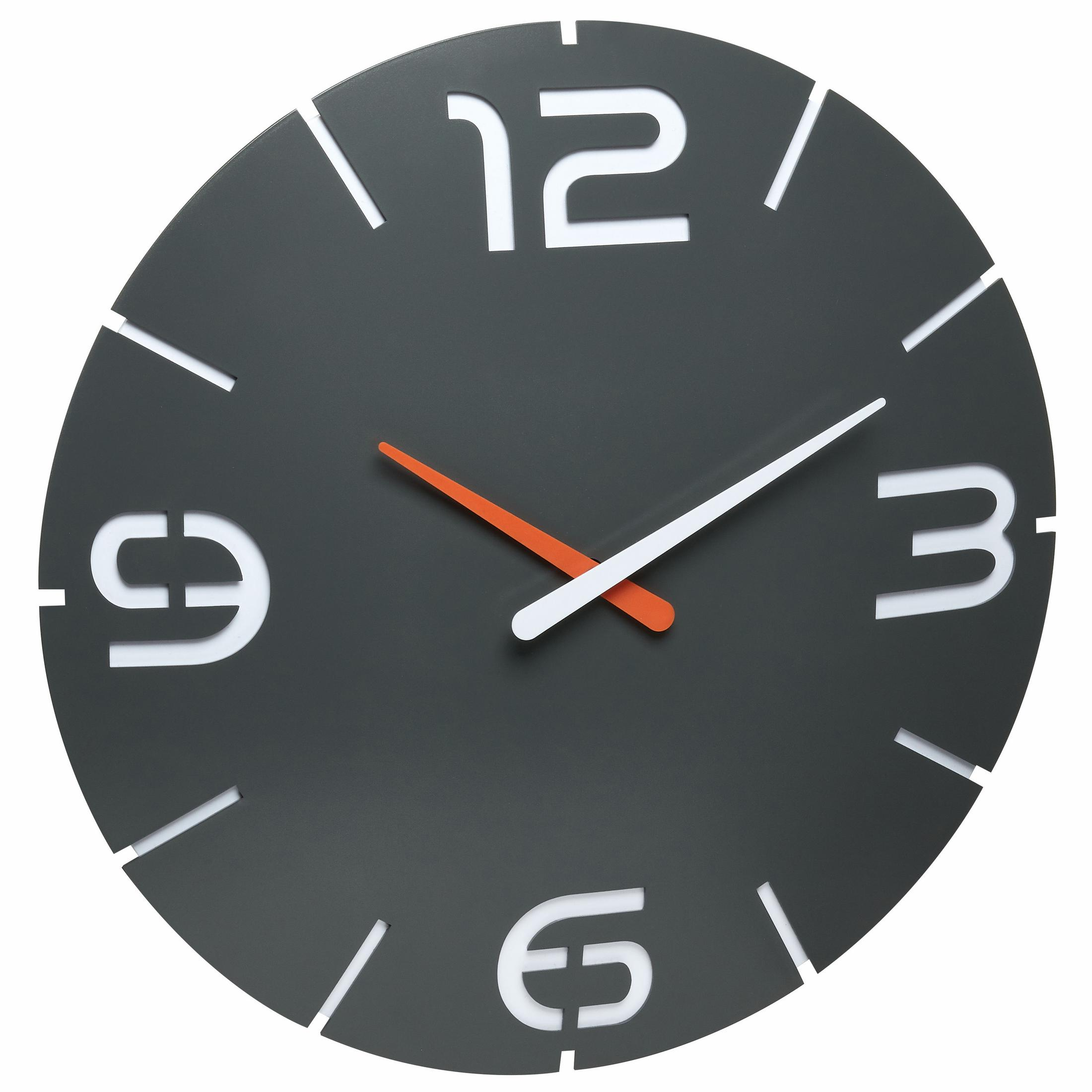 Eine dunkelgraue Uhr mit weißen Ziffern 3, 6, 9, 12 und orangefarbenem Sekundenzeiger. Der Hintergrund ist grau.