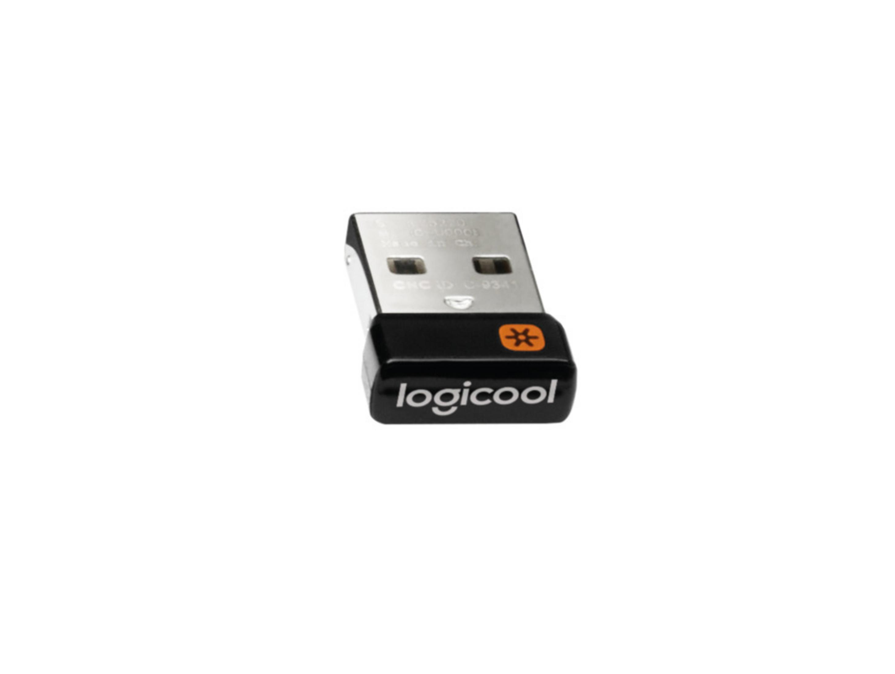 Mały, czarny odbiornik USB Logitech. Ma pomarańczowe logo Logitech i jest na białym tle.