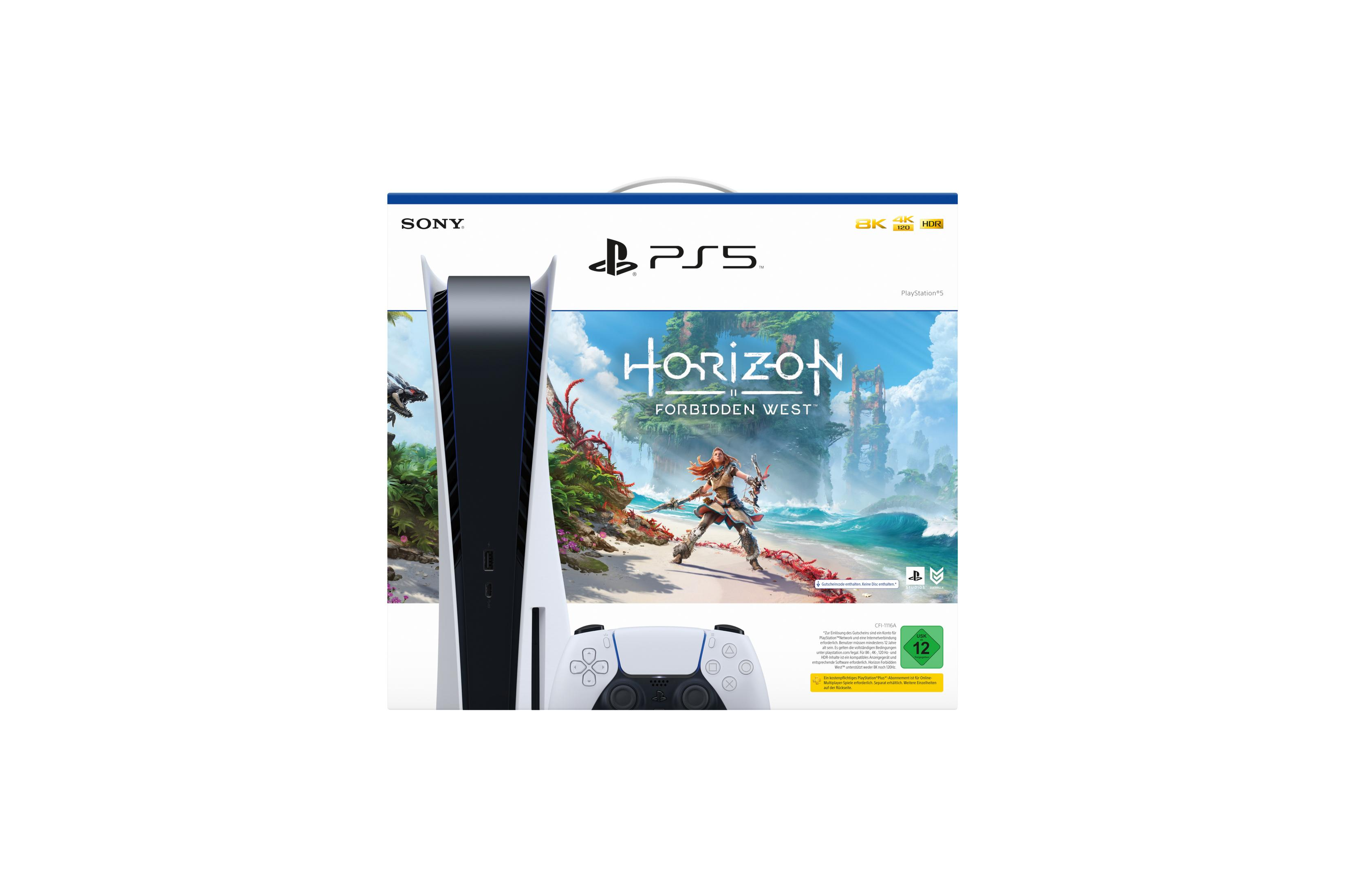 PlayStation 5 Konsole, Horizon Forbidden West Spiel und ein DualSense Controller. Weißer Hintergrund.