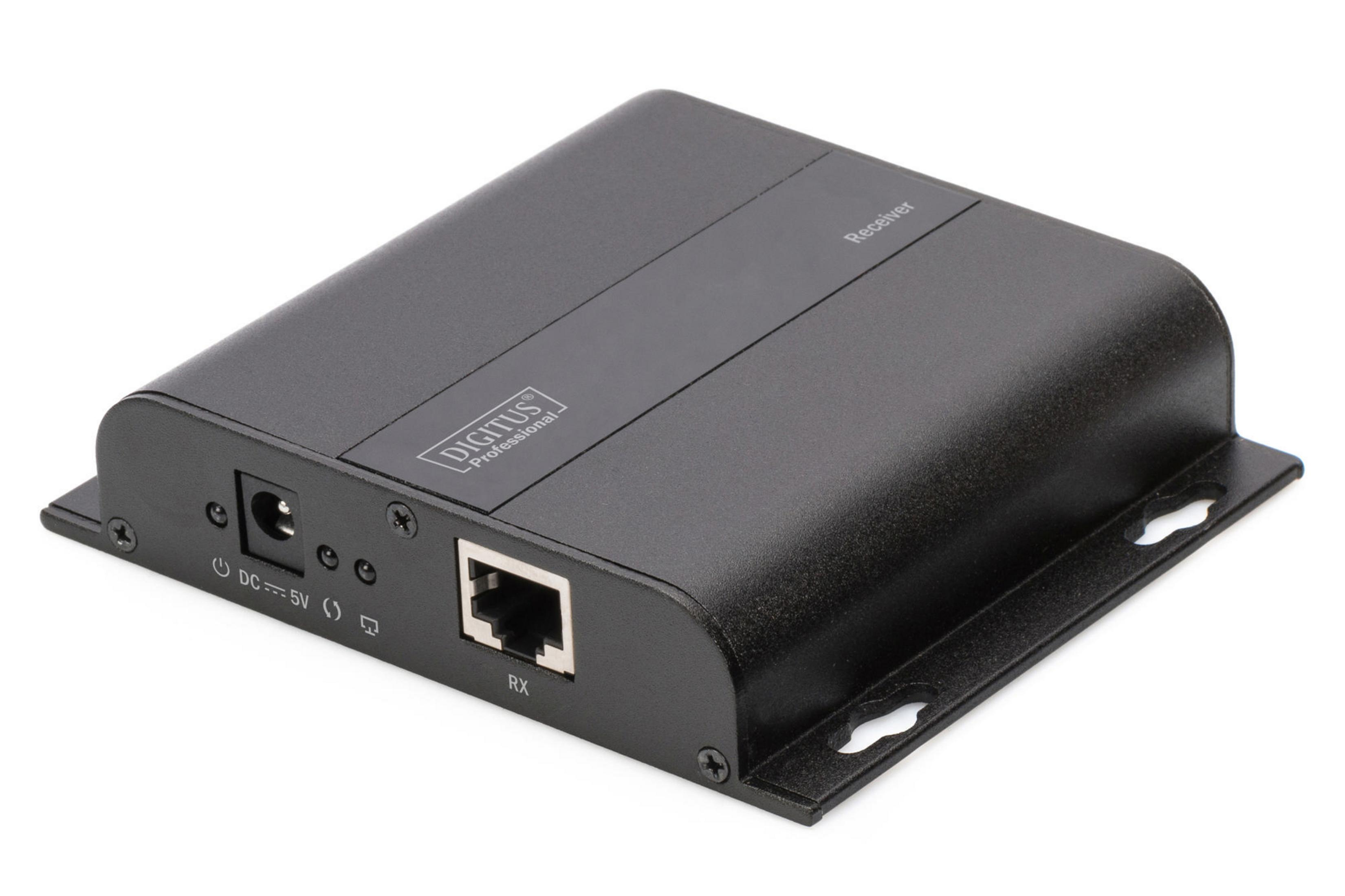 Eine schwarze Digitus Professional Empfängerbox. Sie hat Anschlüsse und Beschriftungen auf weißem Hintergrund.