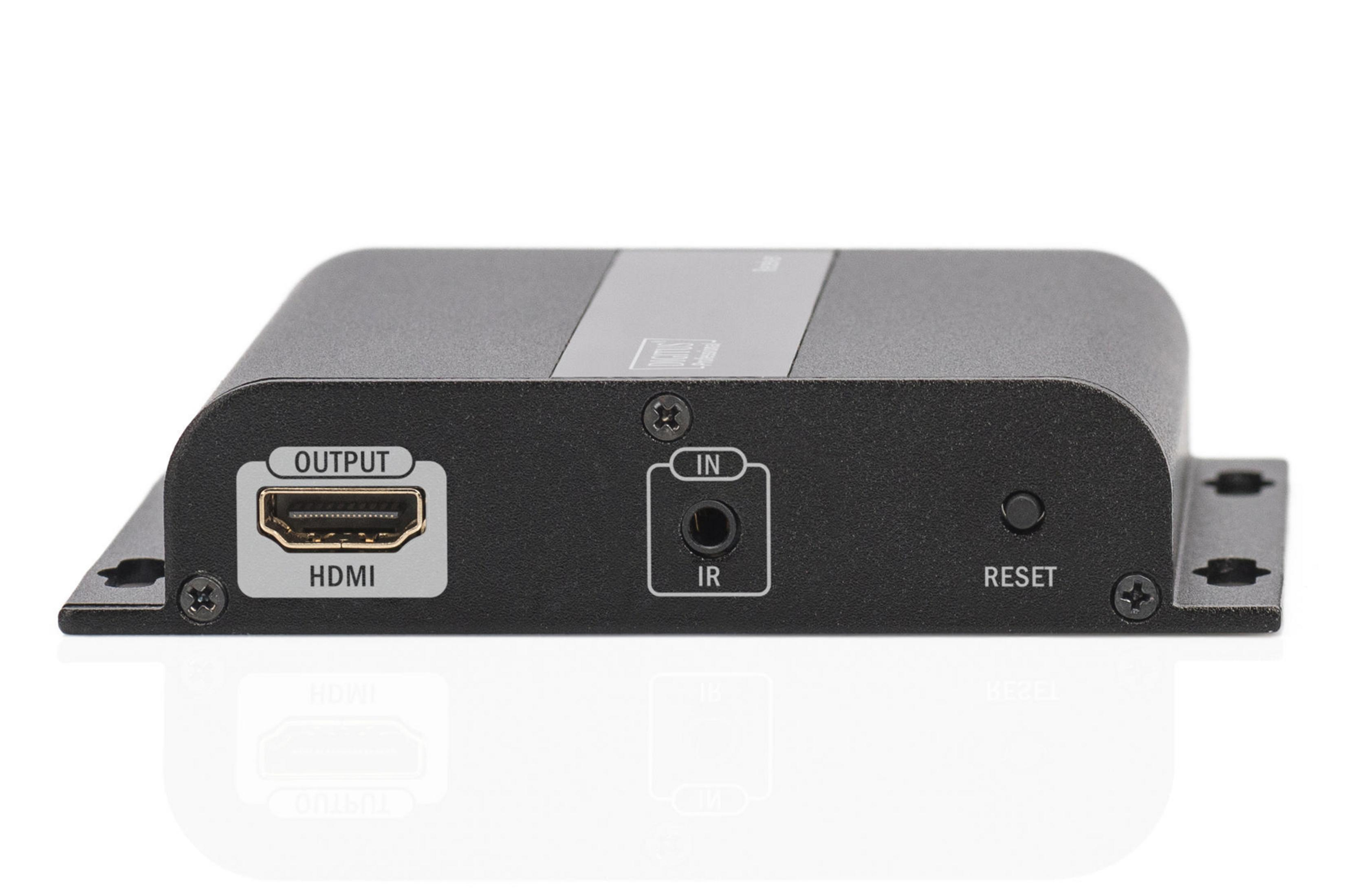 Schwarzer HDMI-Konverter mit HDMI-Ausgang, IR-Eingang und Reset-Taste.