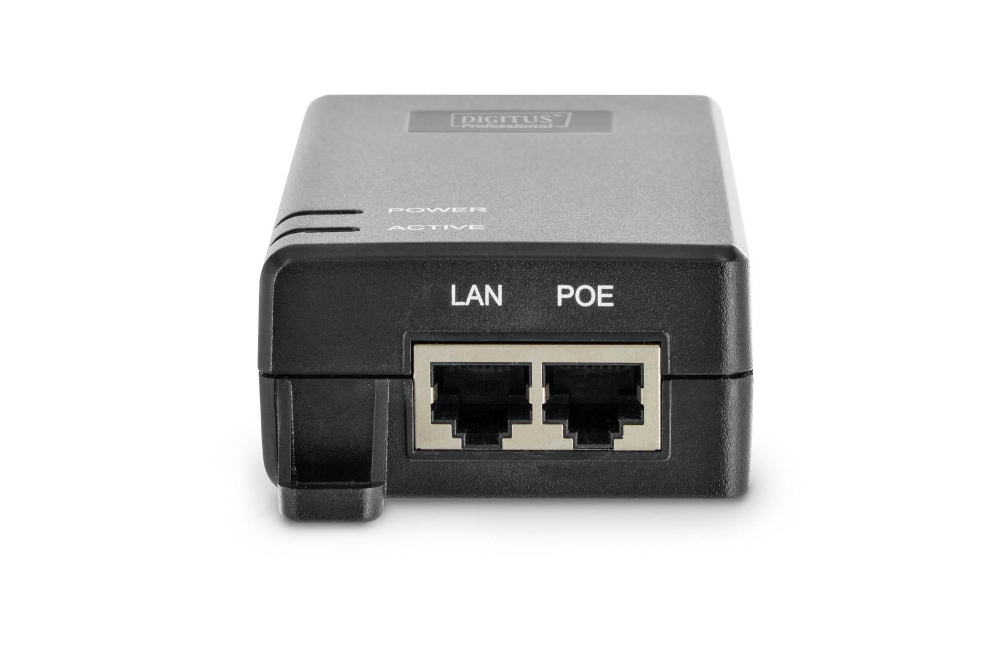 Schwarzes Netzwerkgerät mit LAN- und POE-Anschlüssen, beschriftet 'DIGITUS Professional'.