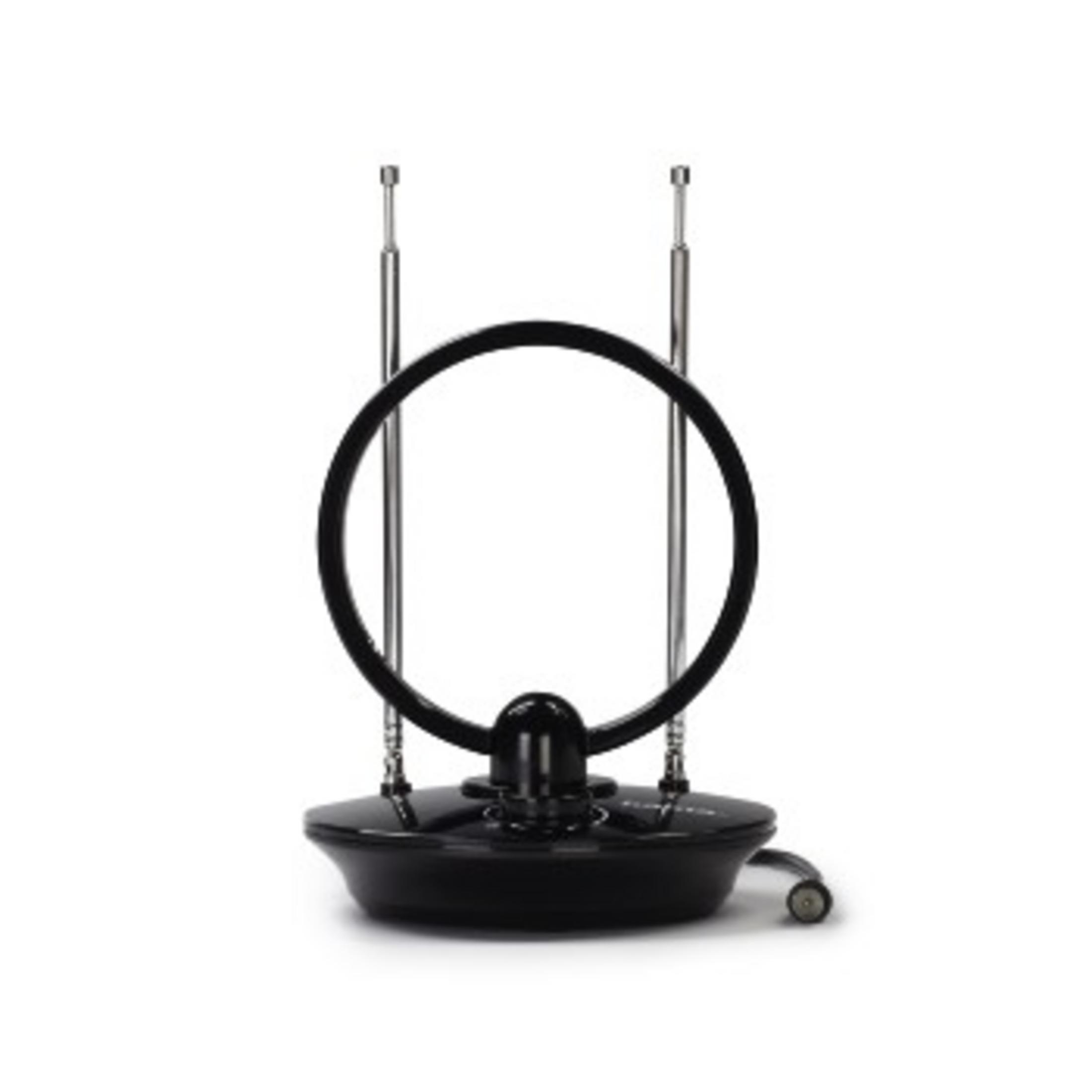 Schwarze Antenne mit zwei Stäben und einem kreisförmigen Element.