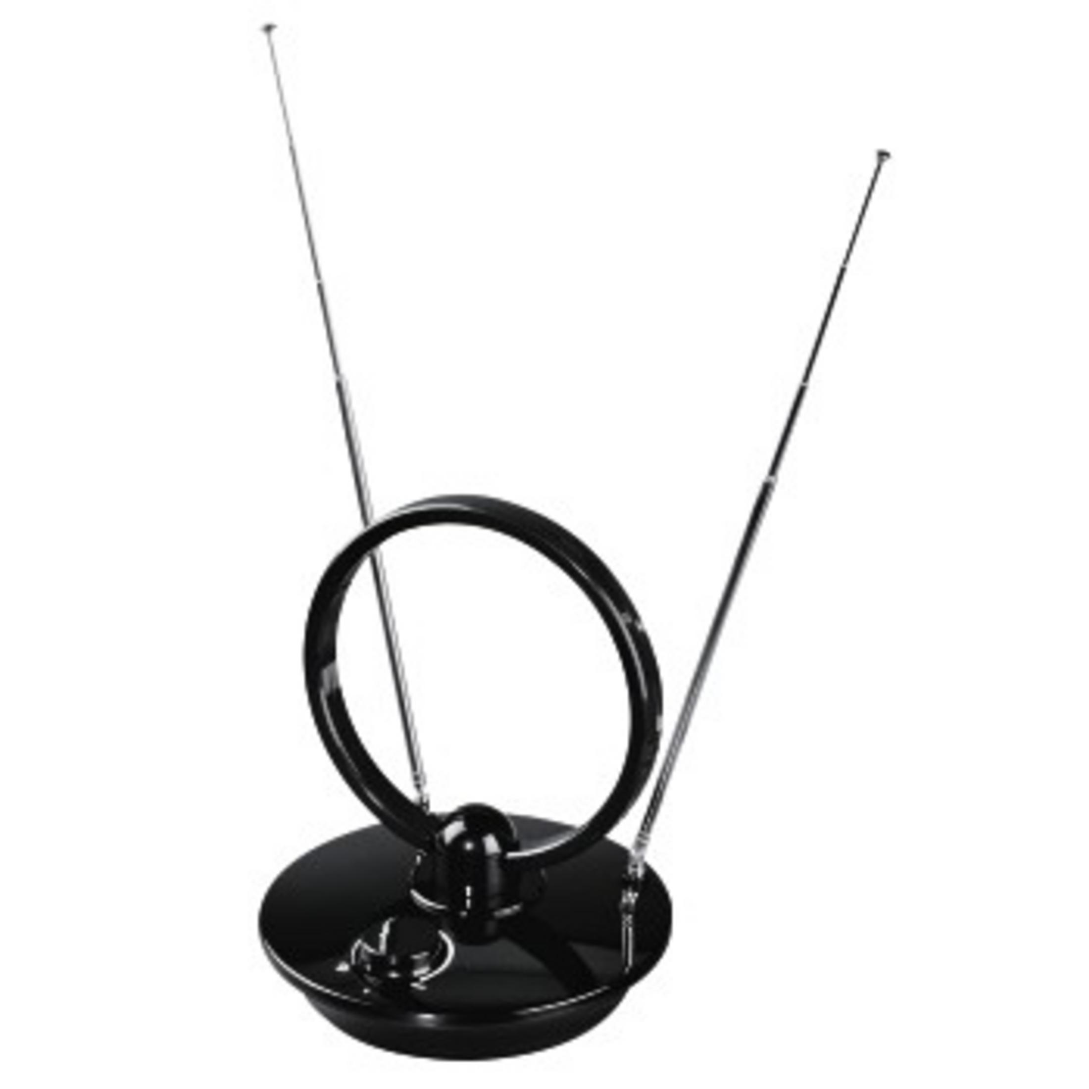 Eine schwarz-silberne Antenne mit zwei Antennen und einem kreisförmigen Abschnitt.