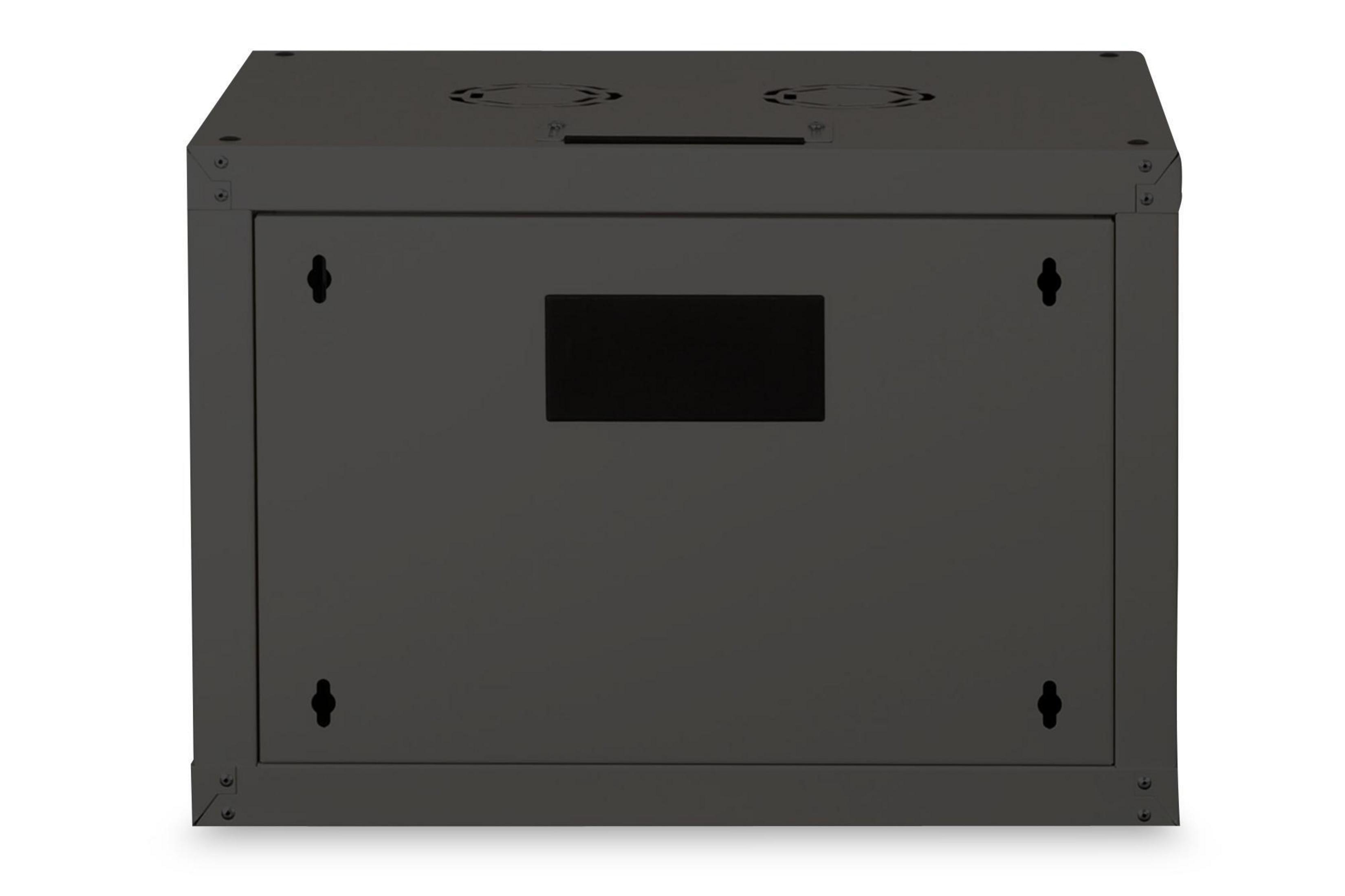 Ein schwarzer rechteckiger Serverschrank mit zwei Lüftern oben.