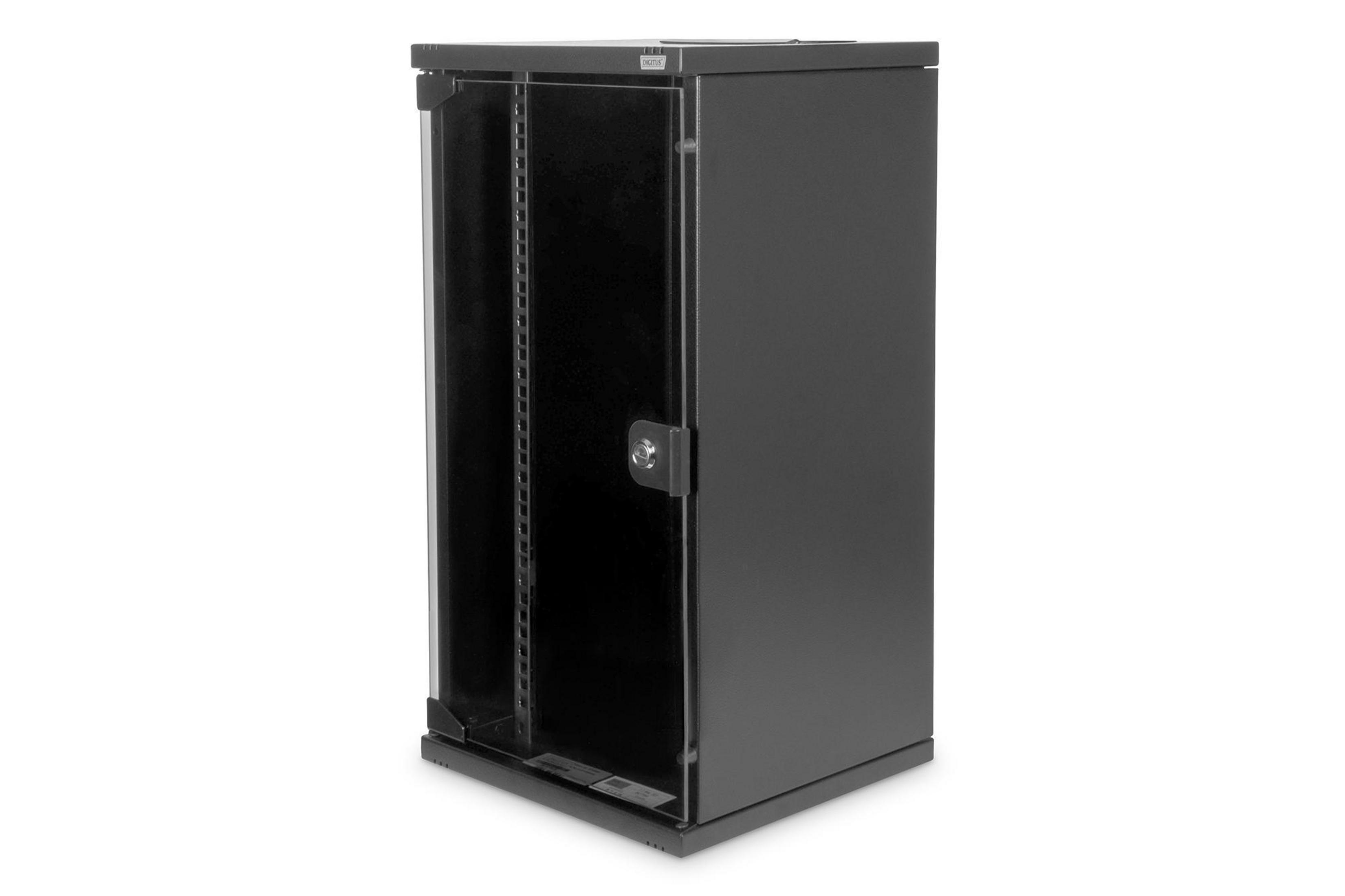 Ein schwarzer Serverschrank mit Glastür, geschlossen.