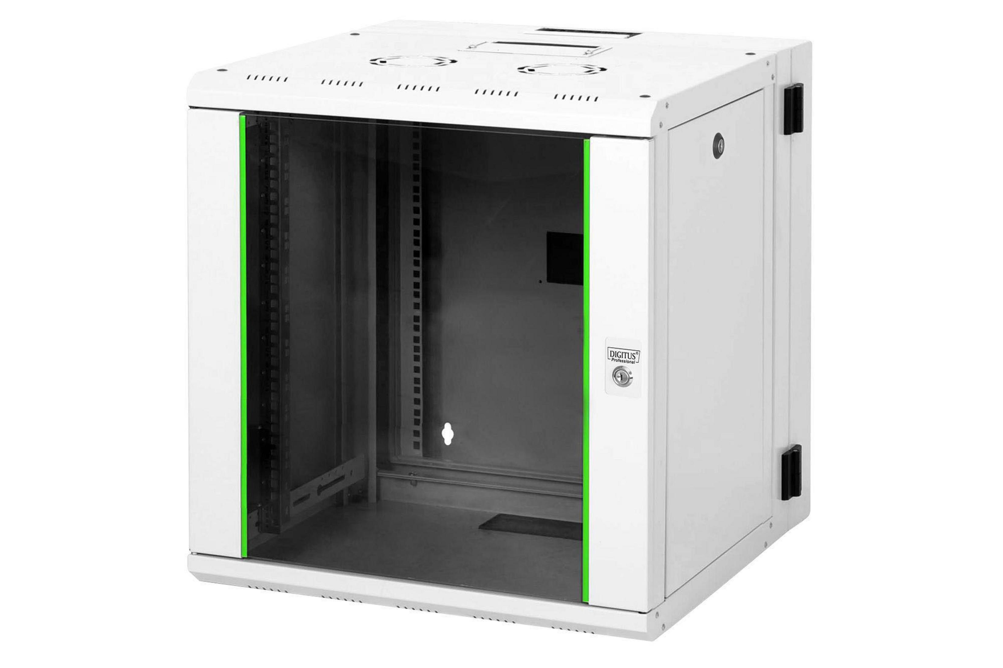 Armadio rack server bianco con porta in vetro e dettagli verdi, con il marchio Digitus.
