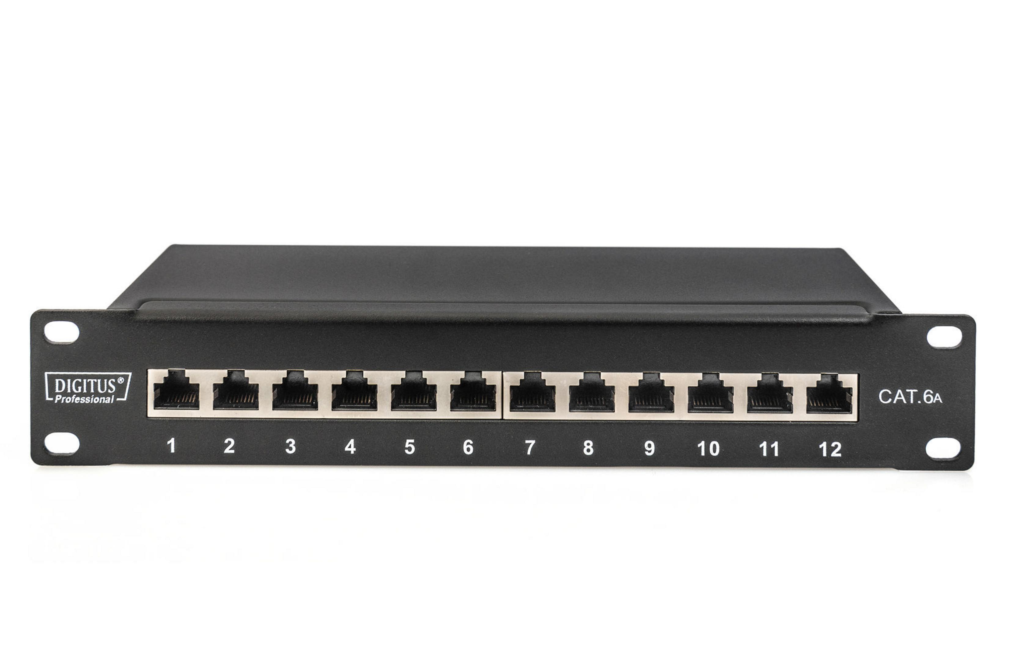 Schwarzes CAT.6A Netzwerk-Patchpanel mit 12 RJ45-Anschlüssen, beschriftet 1-12.