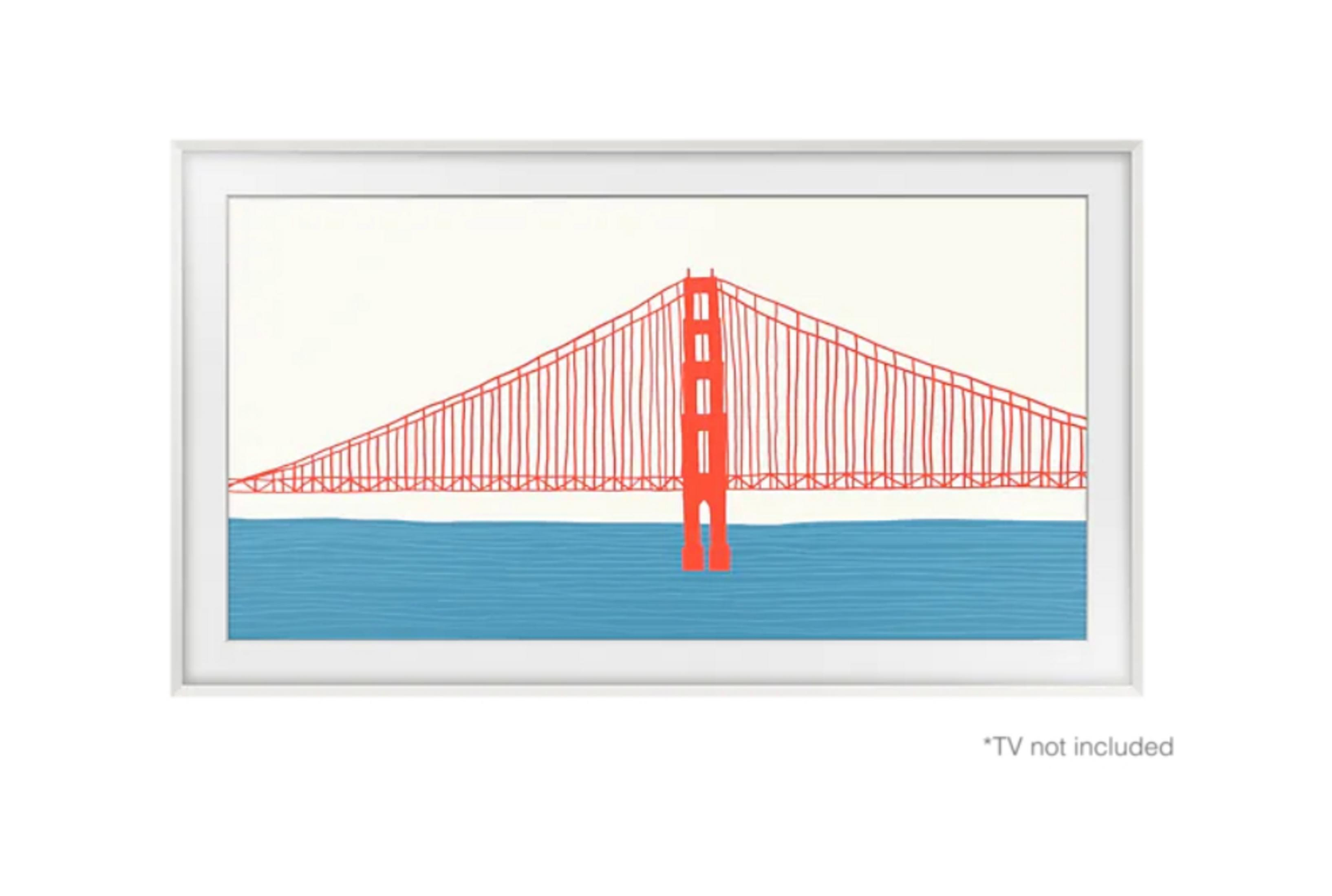 Obra enmarcada del Golden Gate. Puente rojo, agua azul, marco blanco.