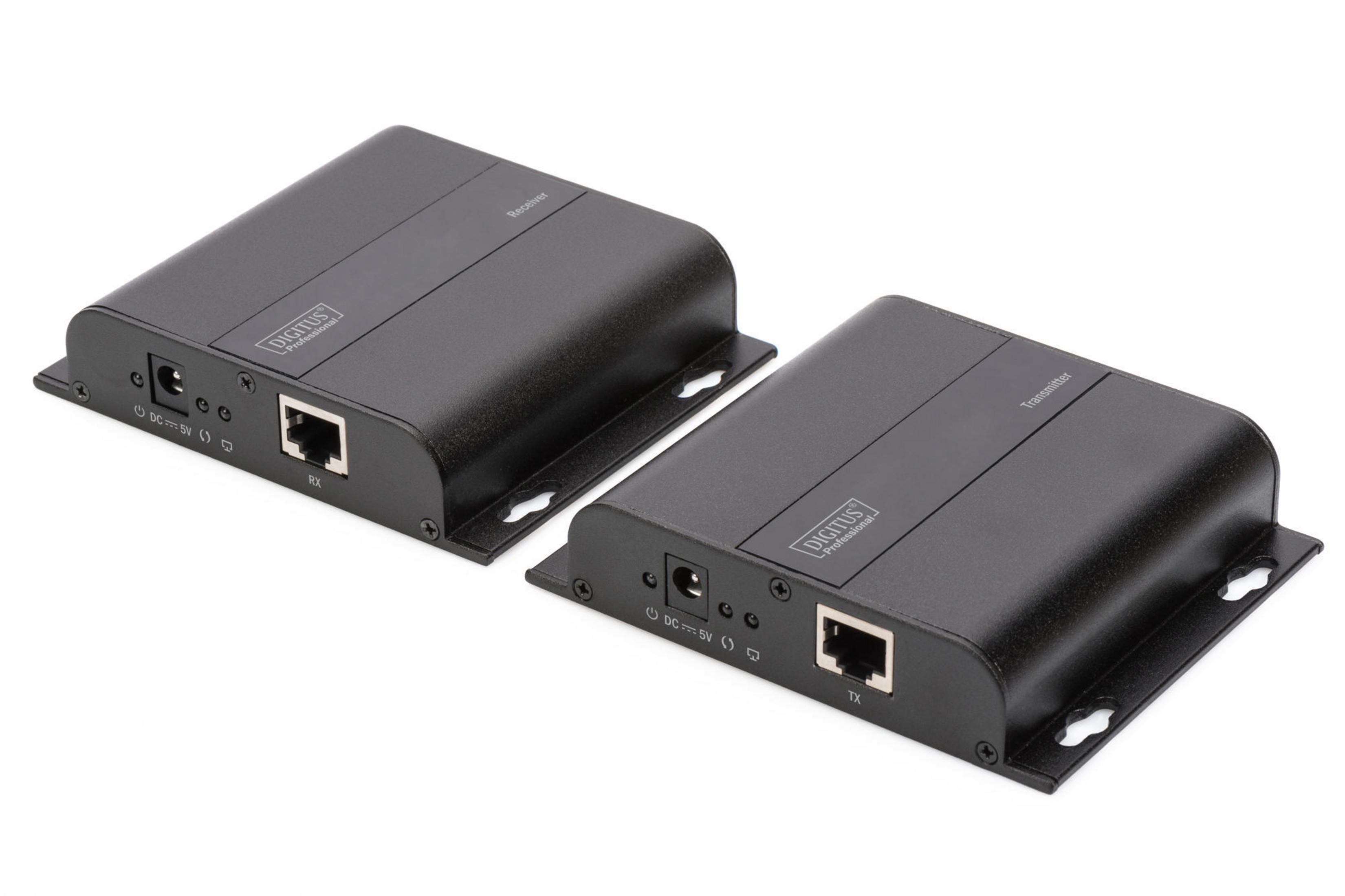Zwei schwarze Digitus Professional Geräte mit Ethernet-Anschlüssen, nebeneinander, isoliert.