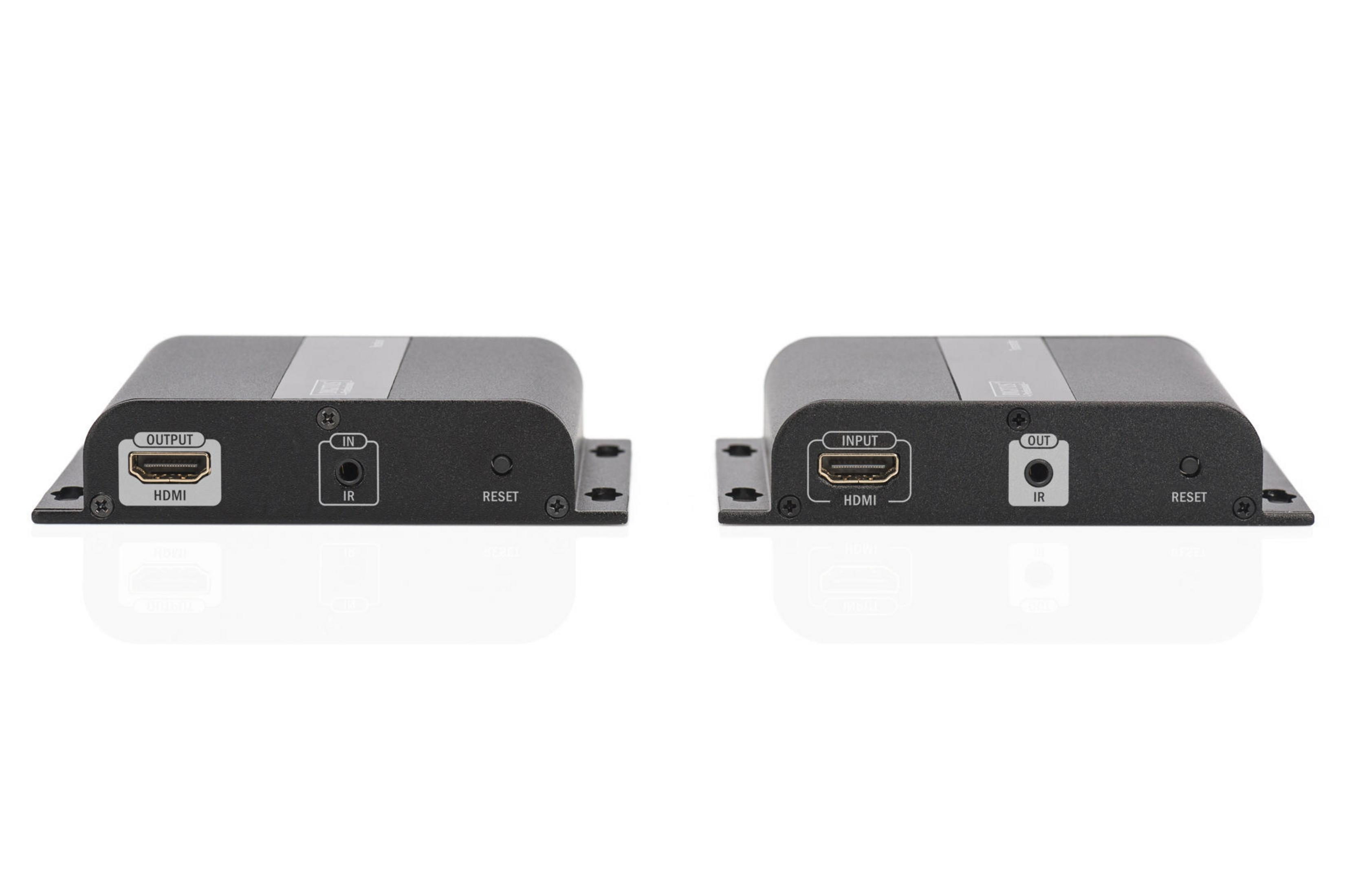 Zwei schwarze HDMI-Geräte nebeneinander, mit Eingangs- und Ausgangsanschlüssen.