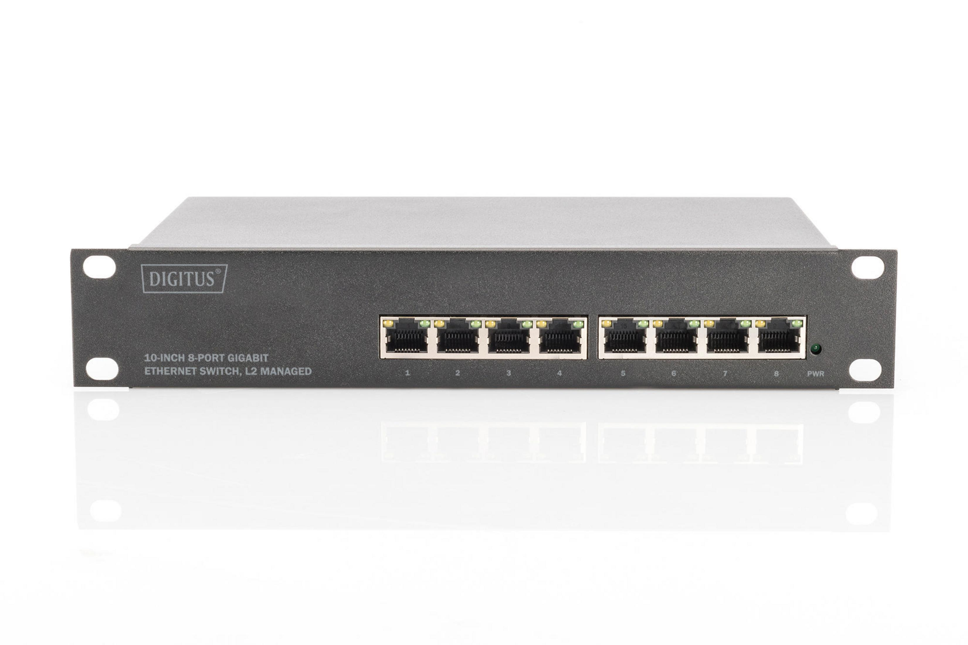 Schwarzer Netzwerk-Switch mit 8 Ports, beschriftet mit 1-8. Mit 'Digitus'-Logo und Kontrollleuchte.