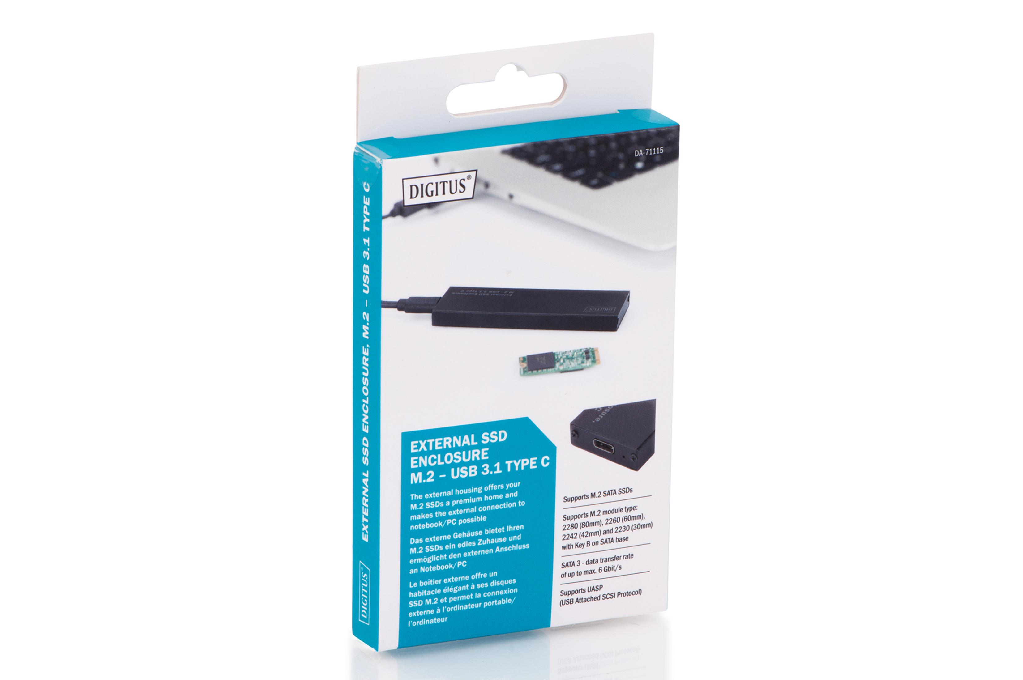 Eine weiß-blaue Box für ein externes SSD-Gehäuse vom Typ USB 3.1 C. Sie zeigt einen Laptop und eine SSD.