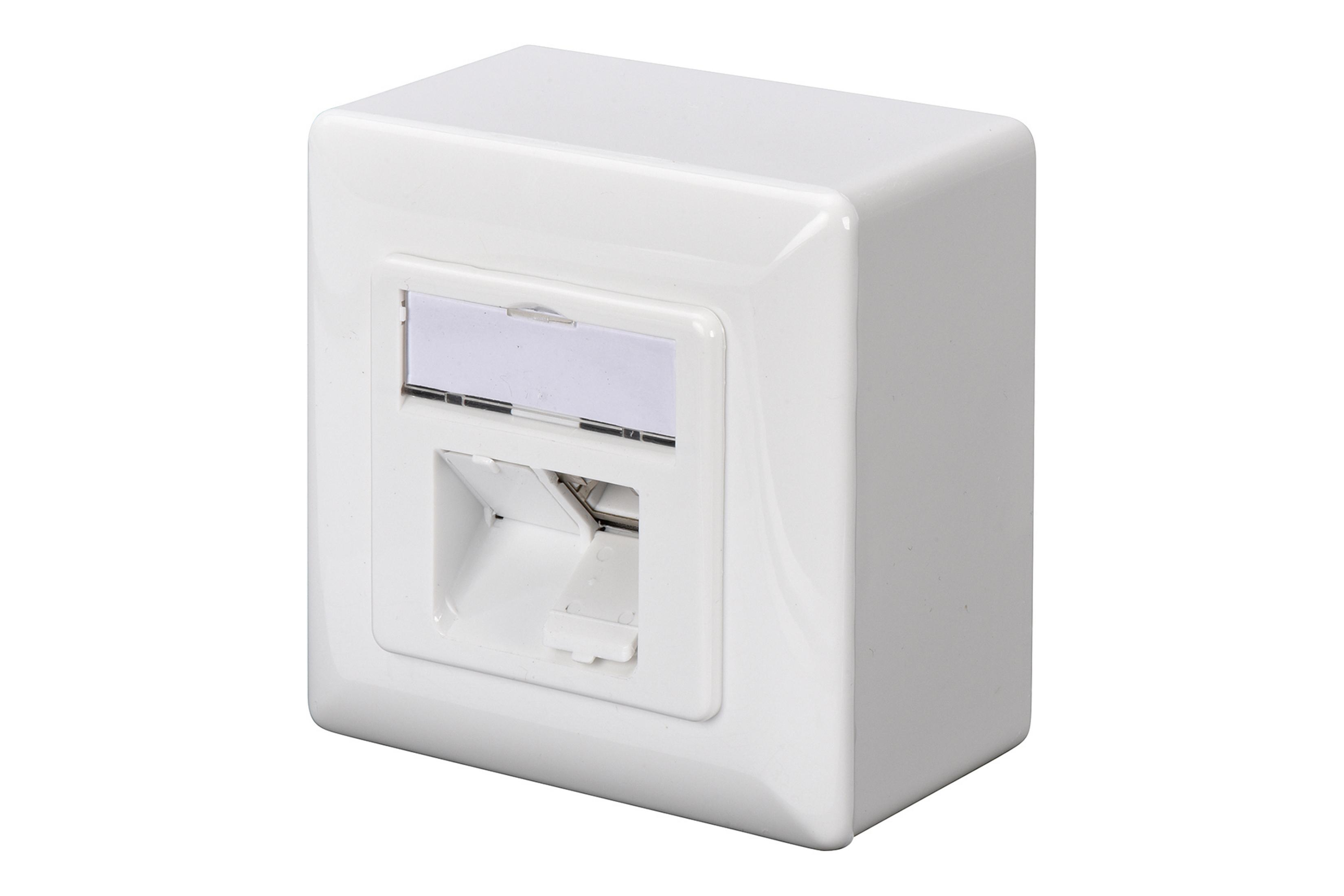 Eine weiße Steckdose mit zwei Öffnungen, eine für ein Ethernet-Kabel und eine andere.