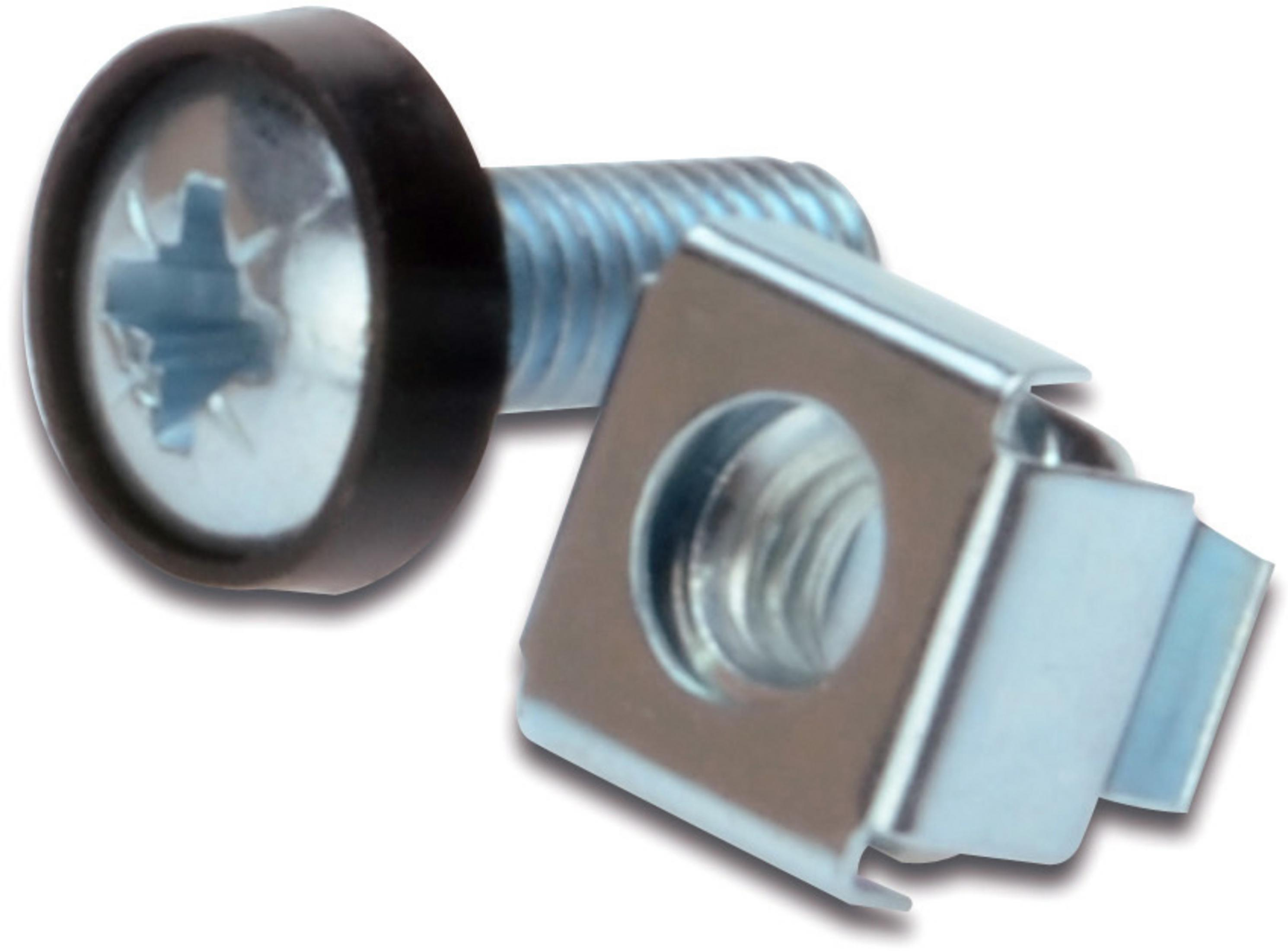 Metallschraube mit schwarzer Unterlegscheibe und Käfigmutter.