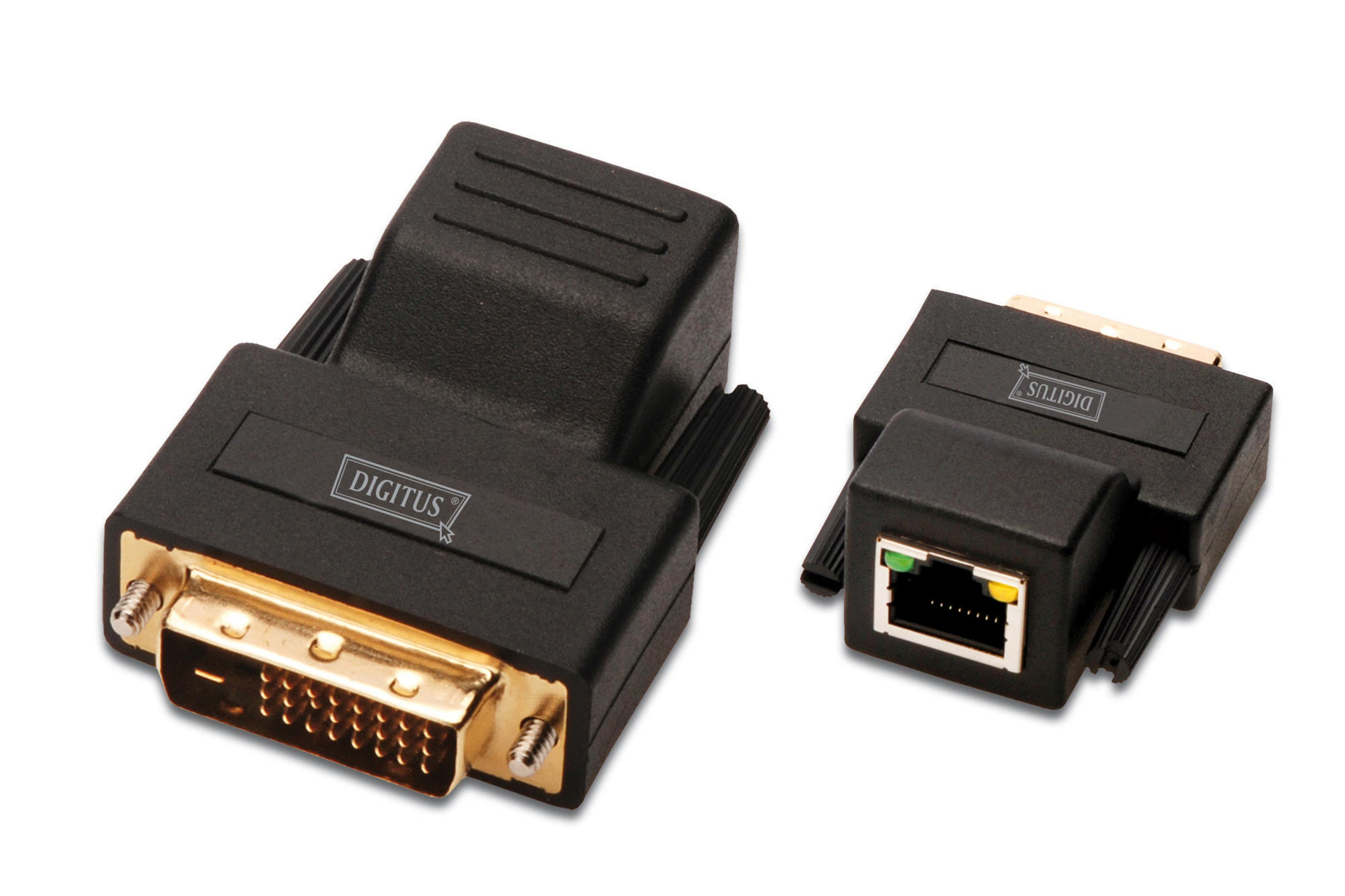 Zwei schwarze Digitus-Adapter. Einer hat einen DVI-Anschluss, der andere einen RJ45-Port.
