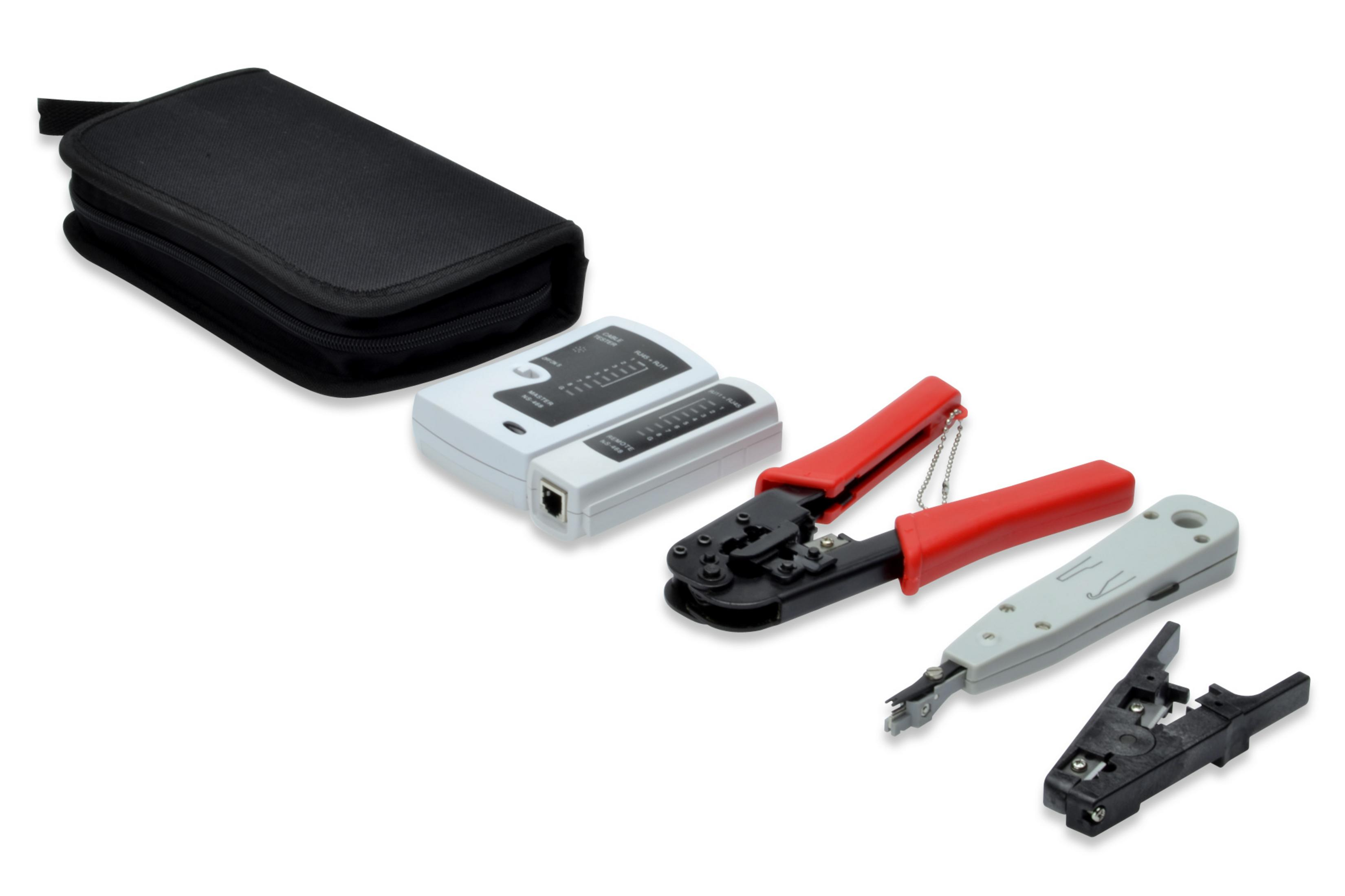 Netzwerktools: ein schwarzes Gehäuse, ein Netzwerkkabeltester, eine Crimpzange und ein Auflegewerkzeug.
