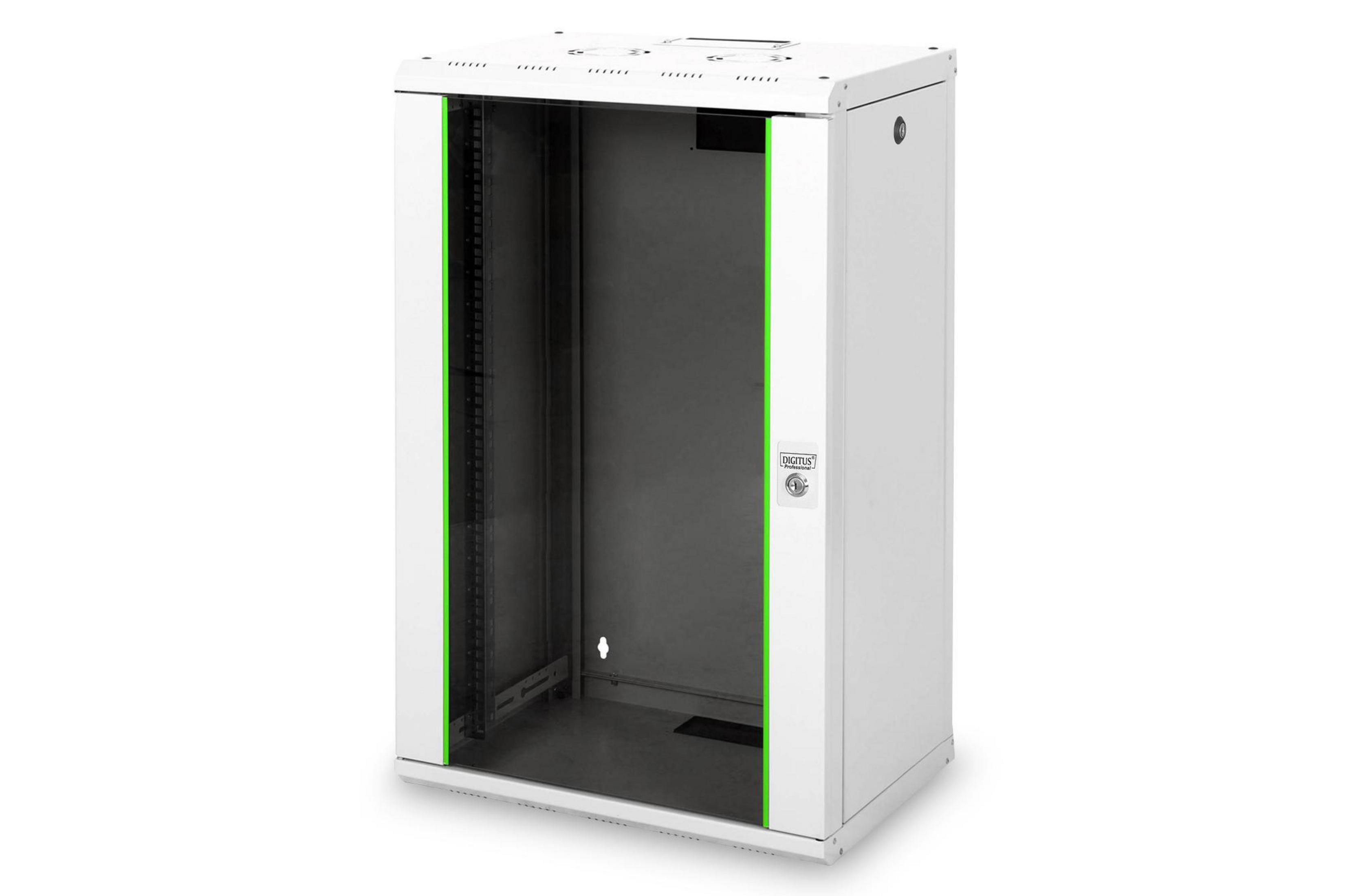 Weißer Serverschrank. Grüne Akzente an den Seiten. Glastür. Offene Rückseite.