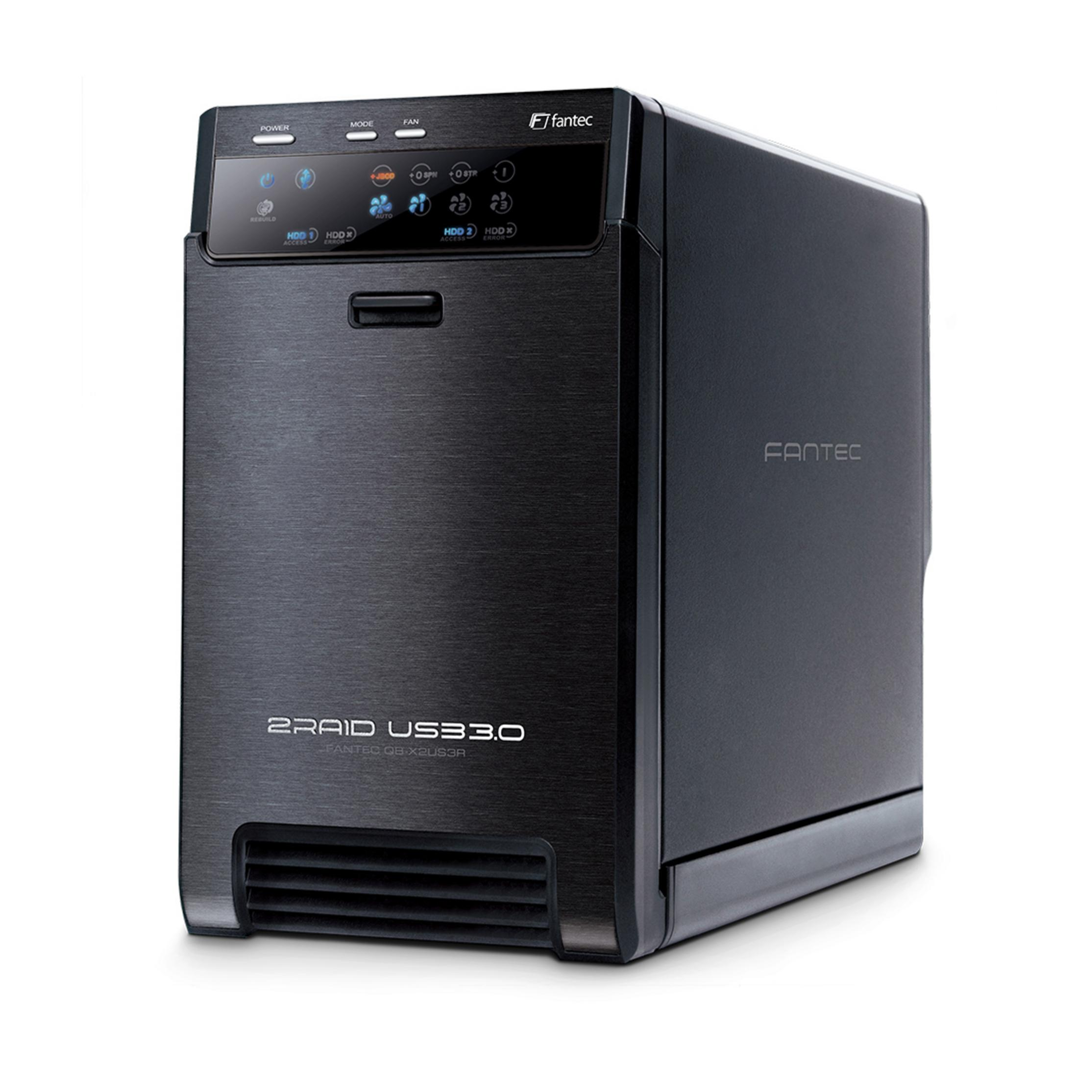 Ein schwarzes Fantec 2-RAID USB 3.0 Festplattengehäuse mit Knöpfen und Display.
