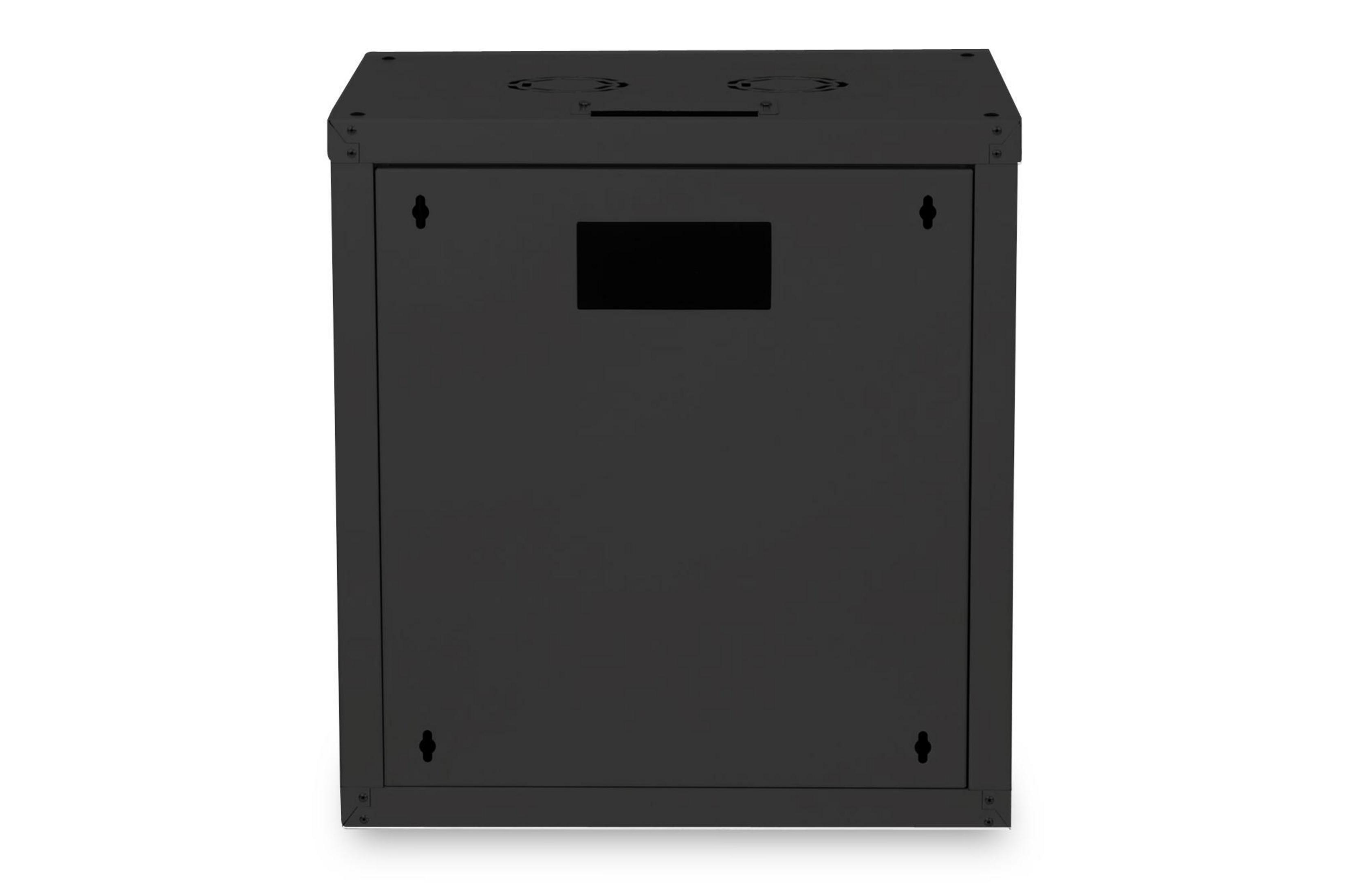Ein schwarzer Serverschrank von hinten gesehen. Er hat einen rechteckigen Ausschnitt und zwei Lüfter.