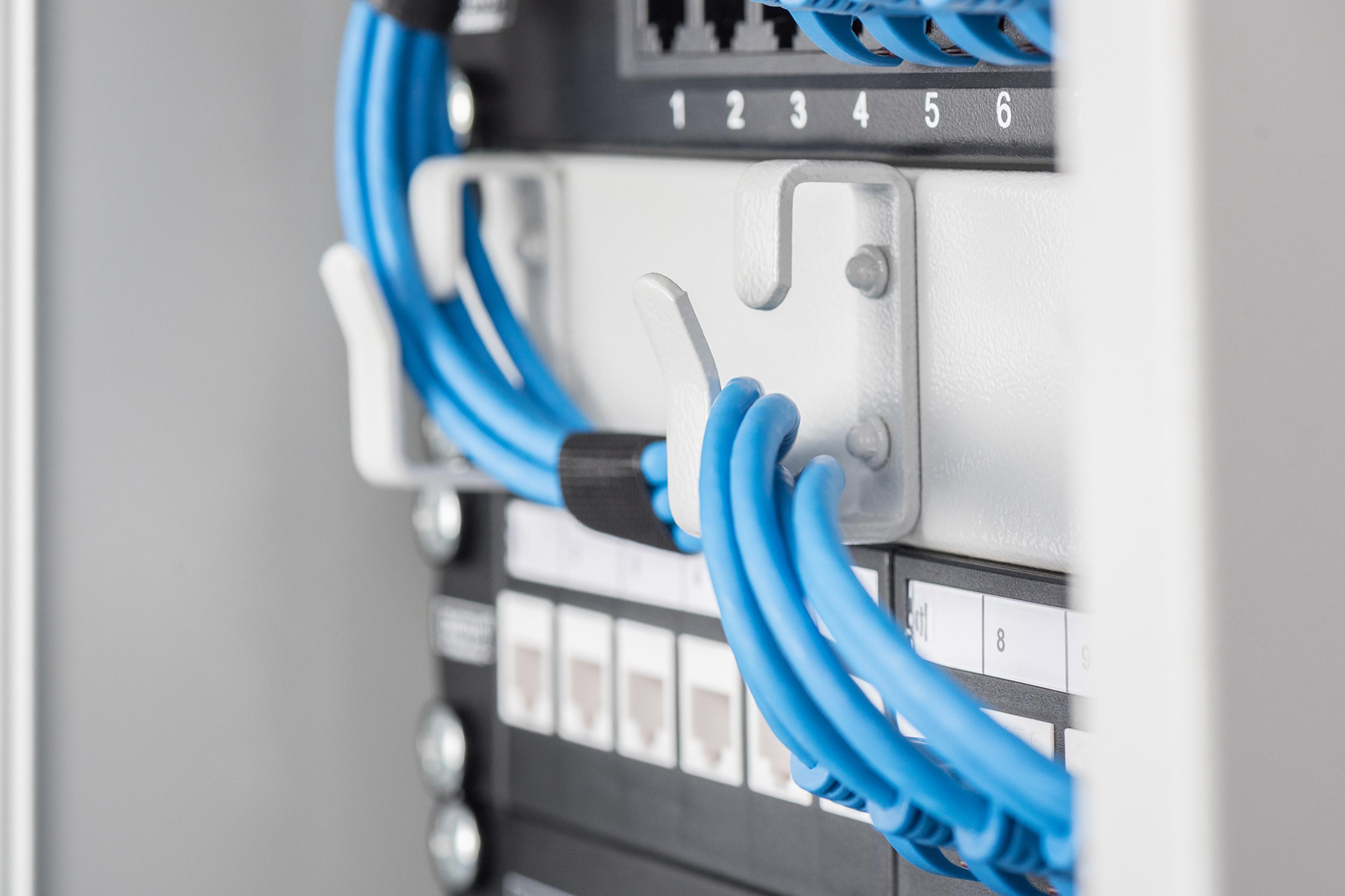 Nahaufnahme eines Netzwerk-Patchfelds mit blauen Netzwerkkabeln und nummerierten Ports.