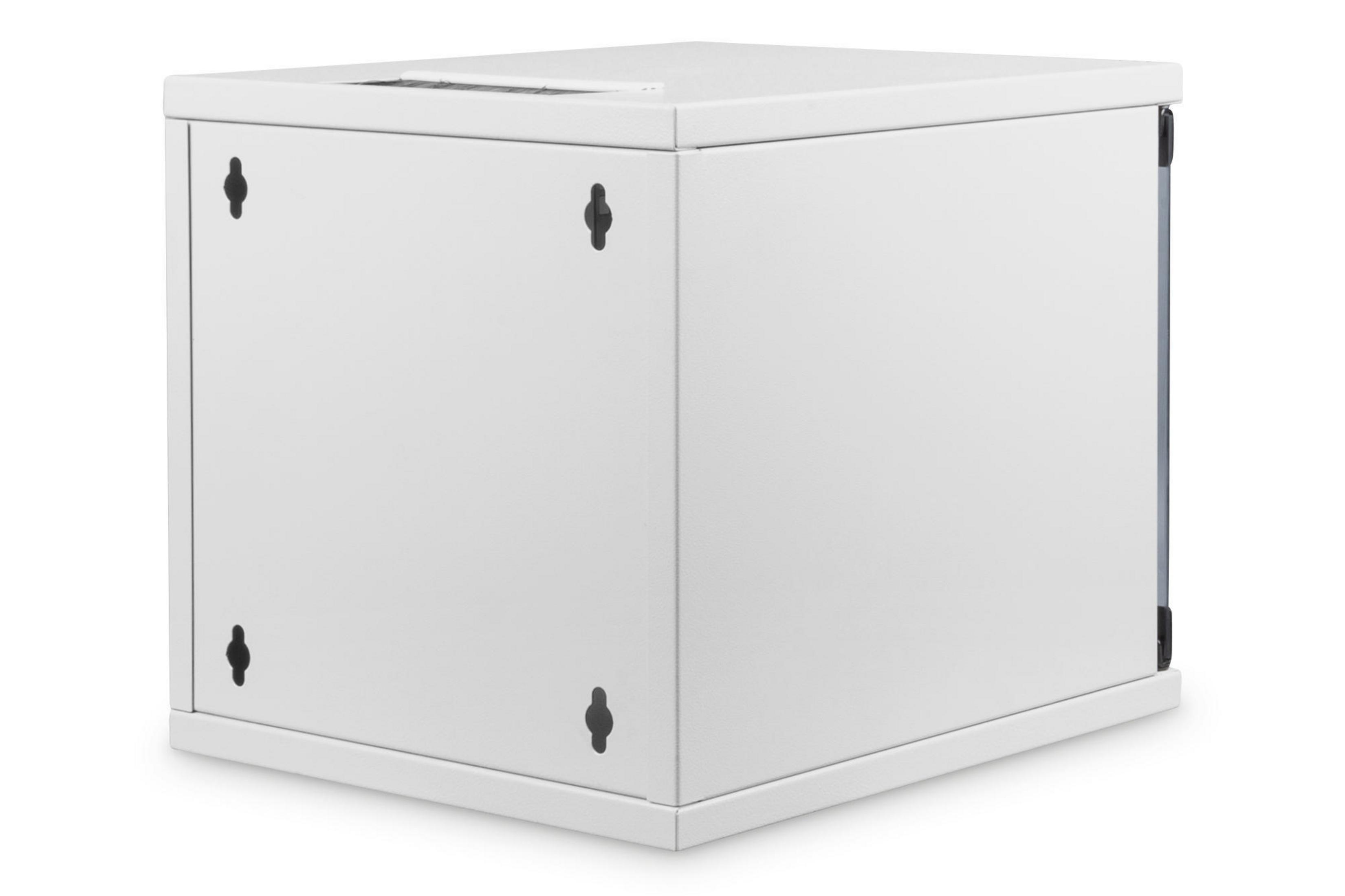 Ein weißer Metallschrank mit vier schwarzen Scharnieren an den Ecken.