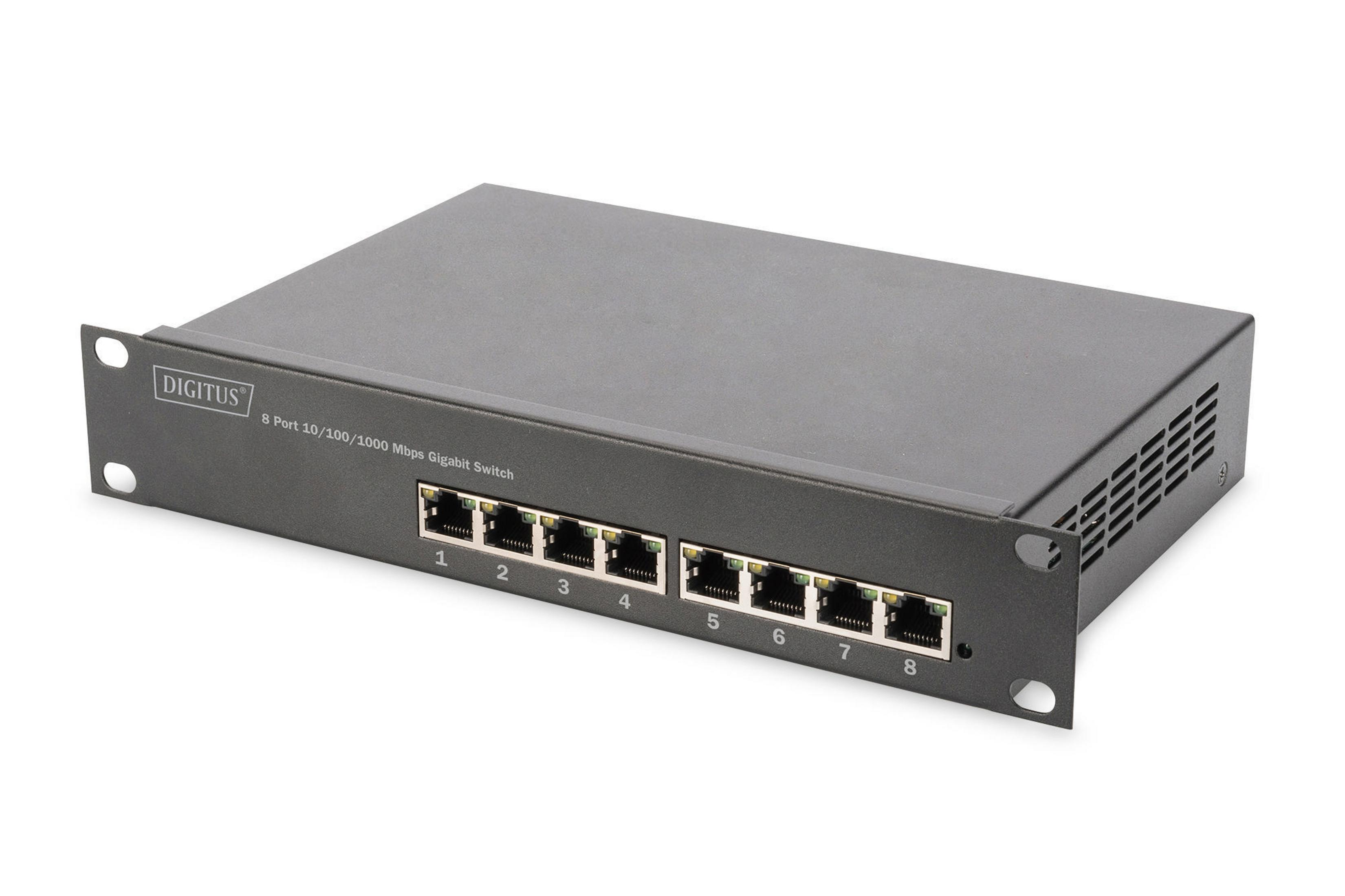 Ein schwarzer 8-Port-Gigabit-Switch mit nummerierten Anschlüssen und weißem Hintergrund.