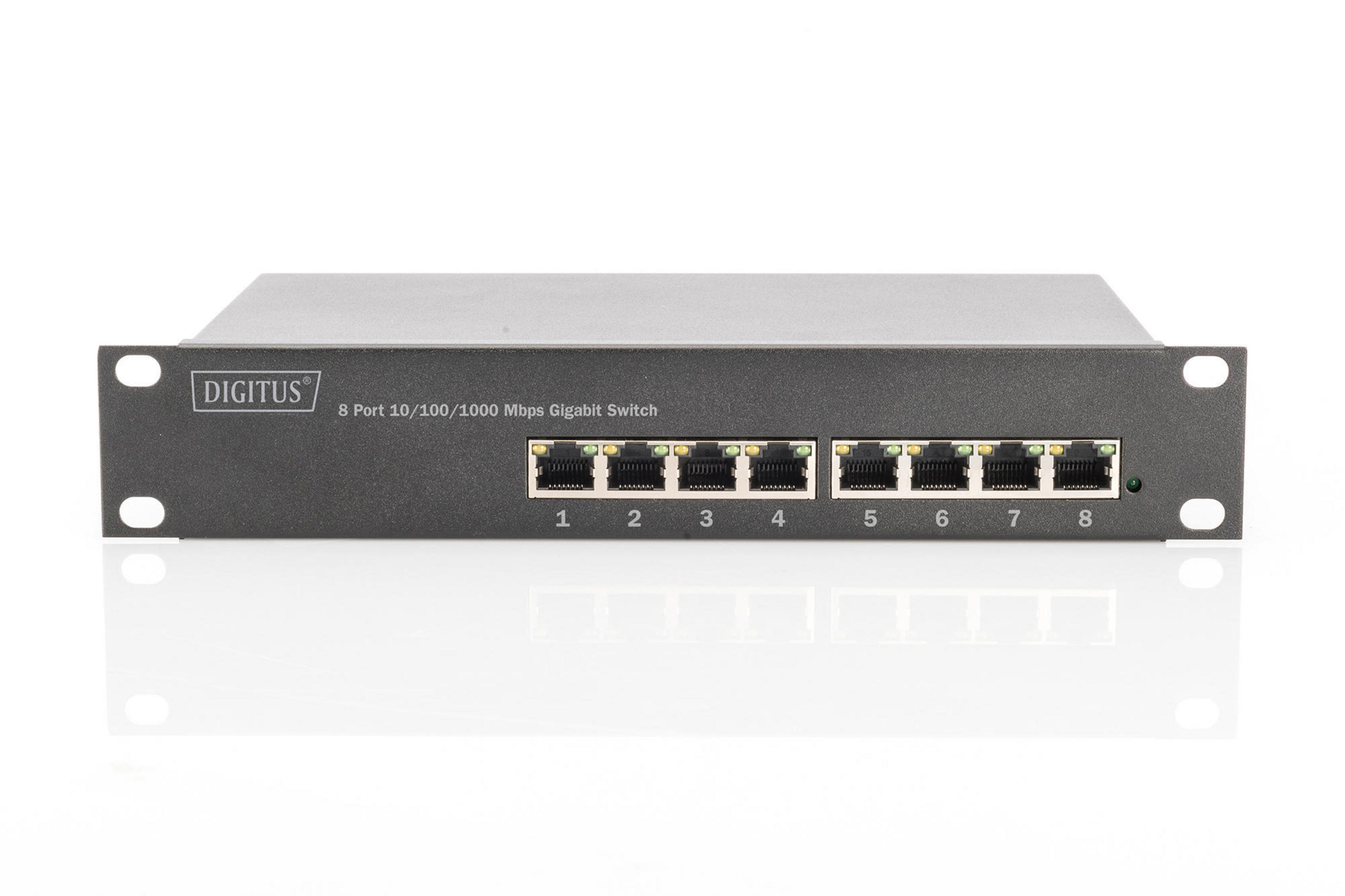 Ein schwarzer 8-Port Gigabit-Switch mit den Ports 1-8.