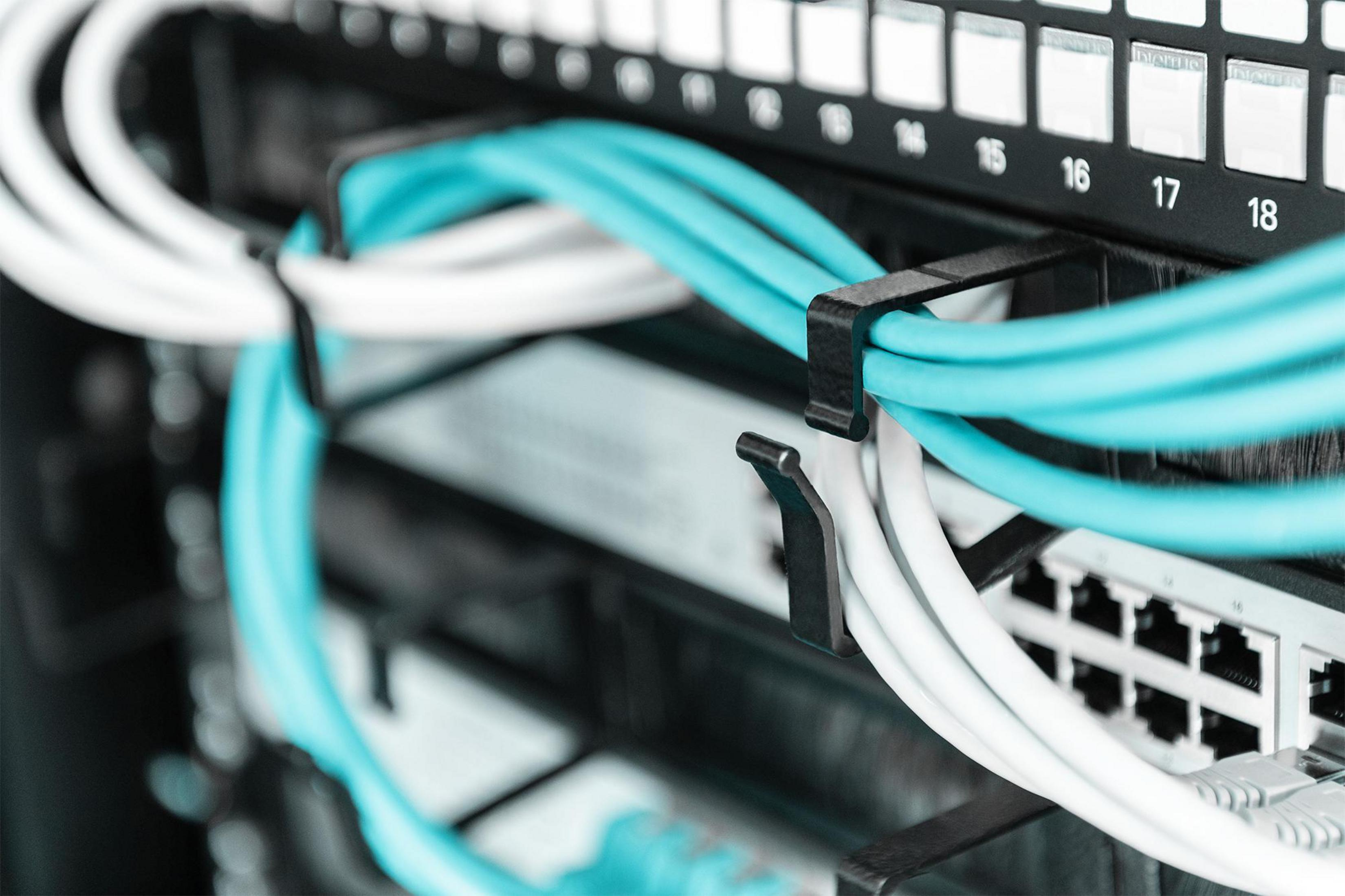 Nahaufnahme eines Serverschranks mit blau und weiß geordneten Netzwerkkabeln.
