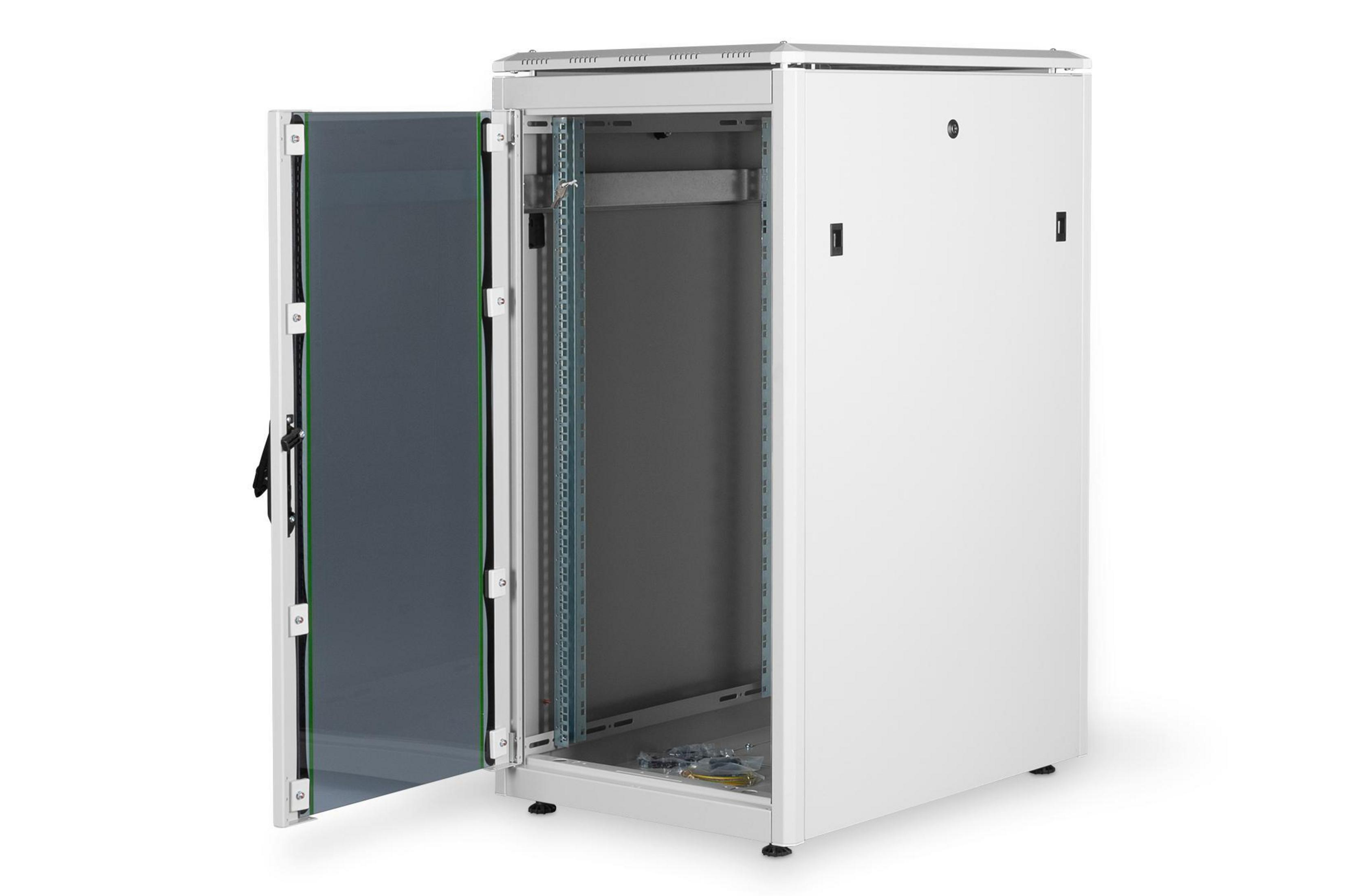 Armadio rack server bianco con porta aperta, mostrando l'interno.
