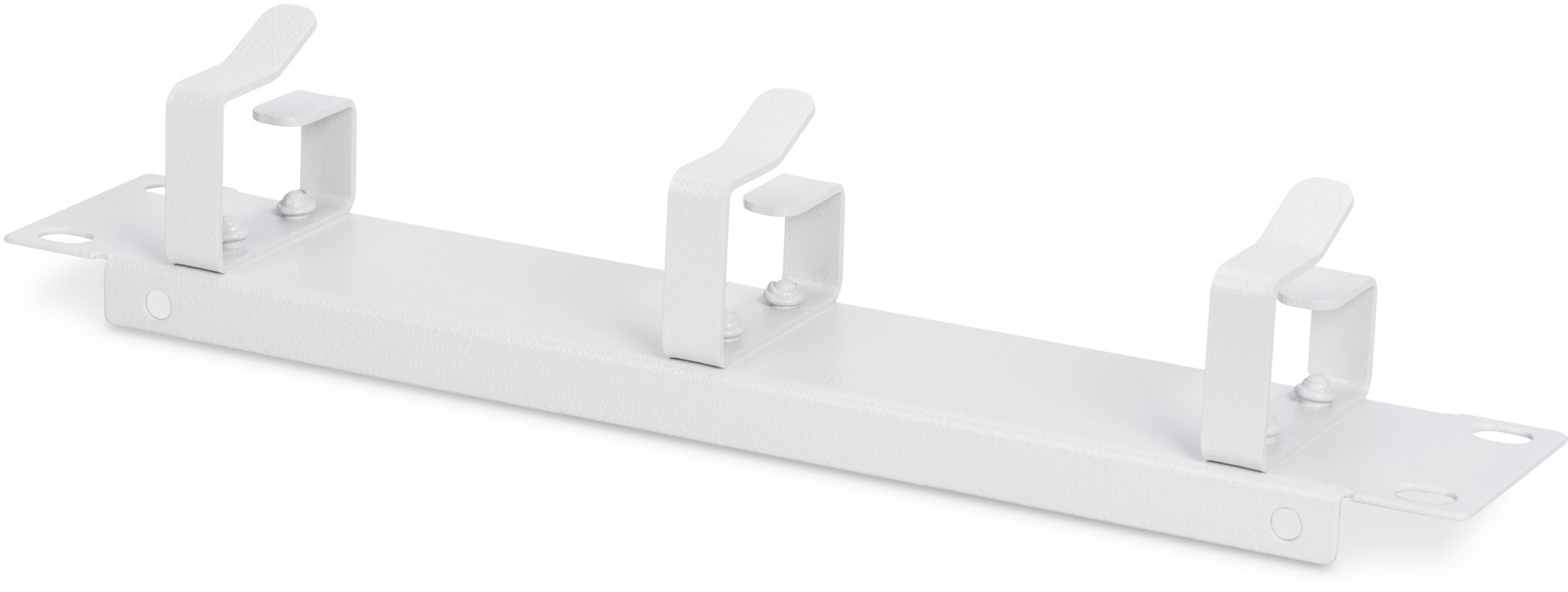 Weißer Kabelorganisator mit drei Clips, auf weißem Hintergrund, schräge Ansicht.