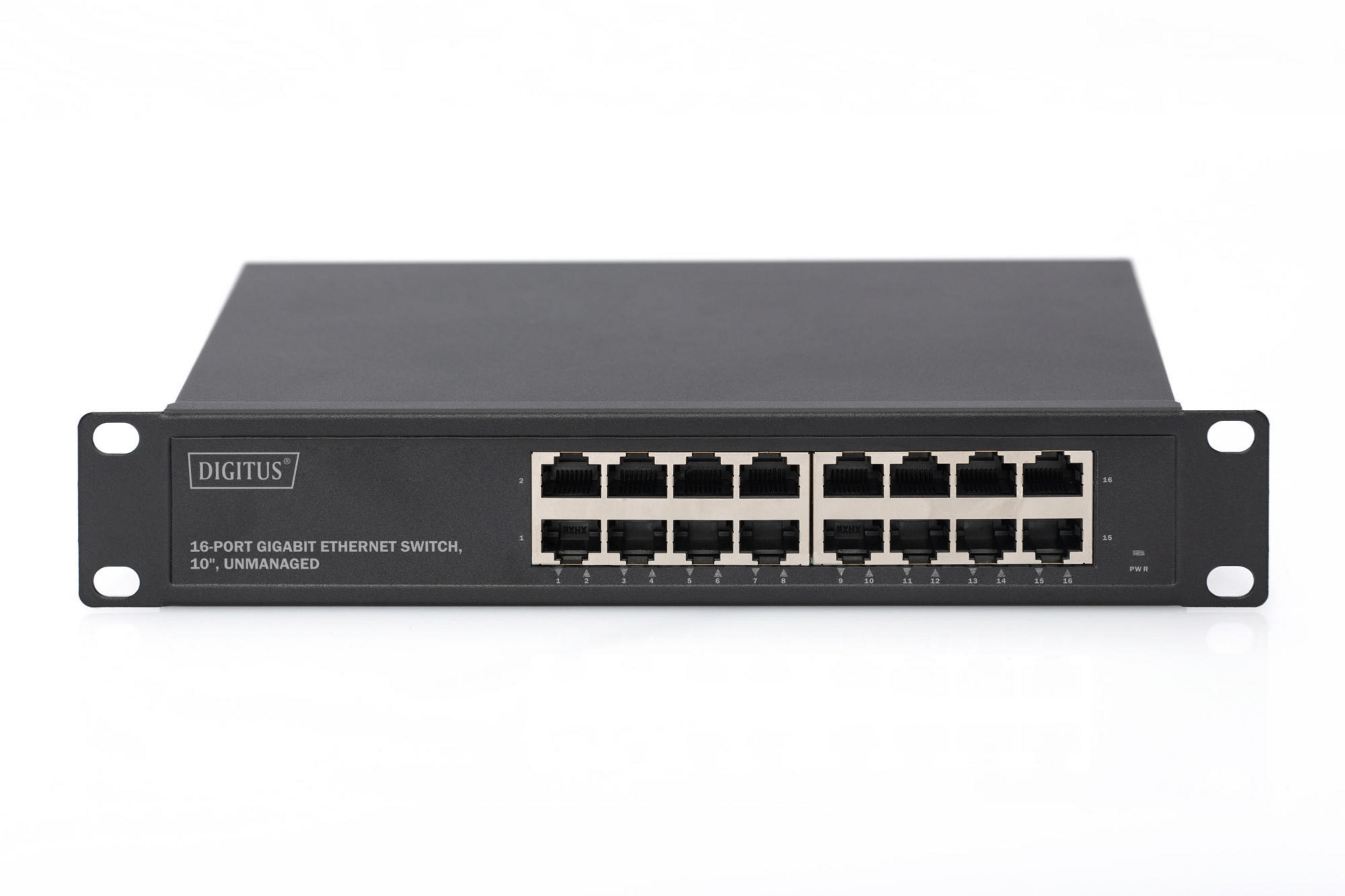 Schwarzer 16-Port Gigabit Ethernet Switch mit Digitus Logo und Portnummern auf weißem Untergrund.