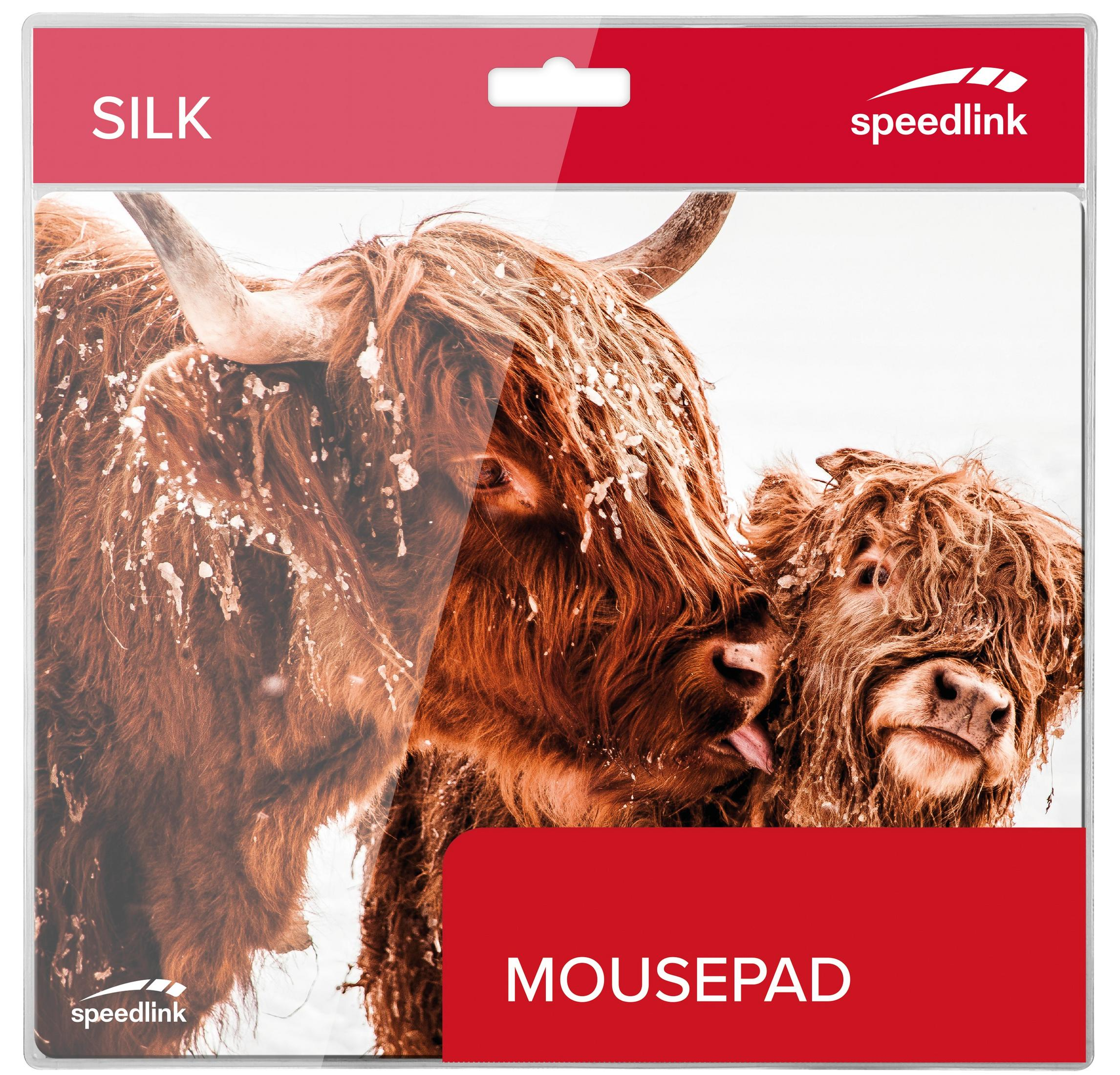 Mauspad mit einem Bild von zwei Highland-Kühen, eine leckt die andere. Das Wort SILK steht oben.