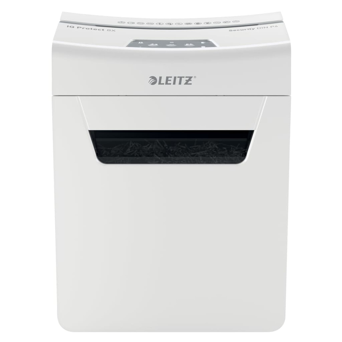 Biała niszczarka Leitz z widocznym otworem do niszczenia.