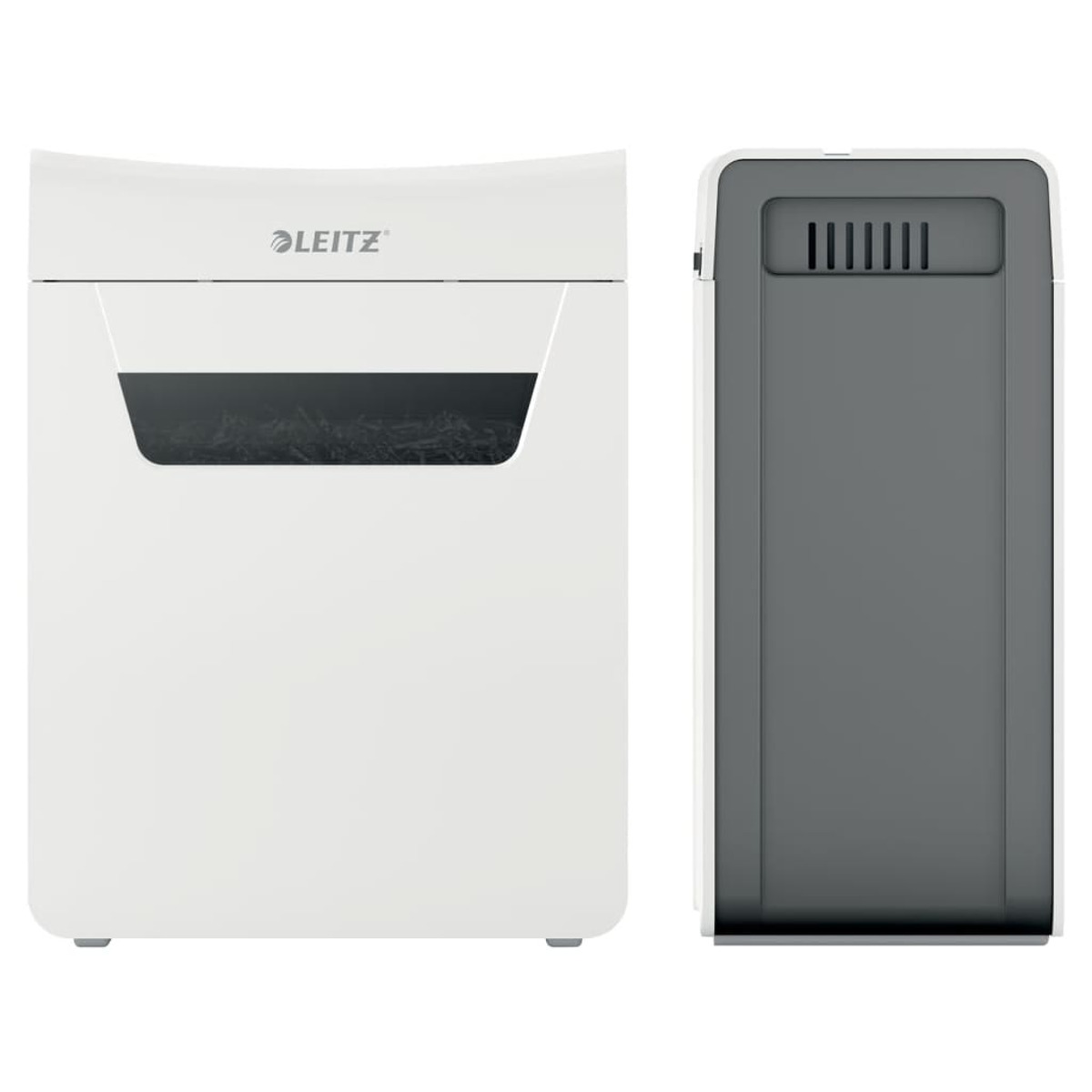 Niszczarka do papieru Leitz. Biało-szara konstrukcja. Pokazuje przód z okienkiem i widok z boku.