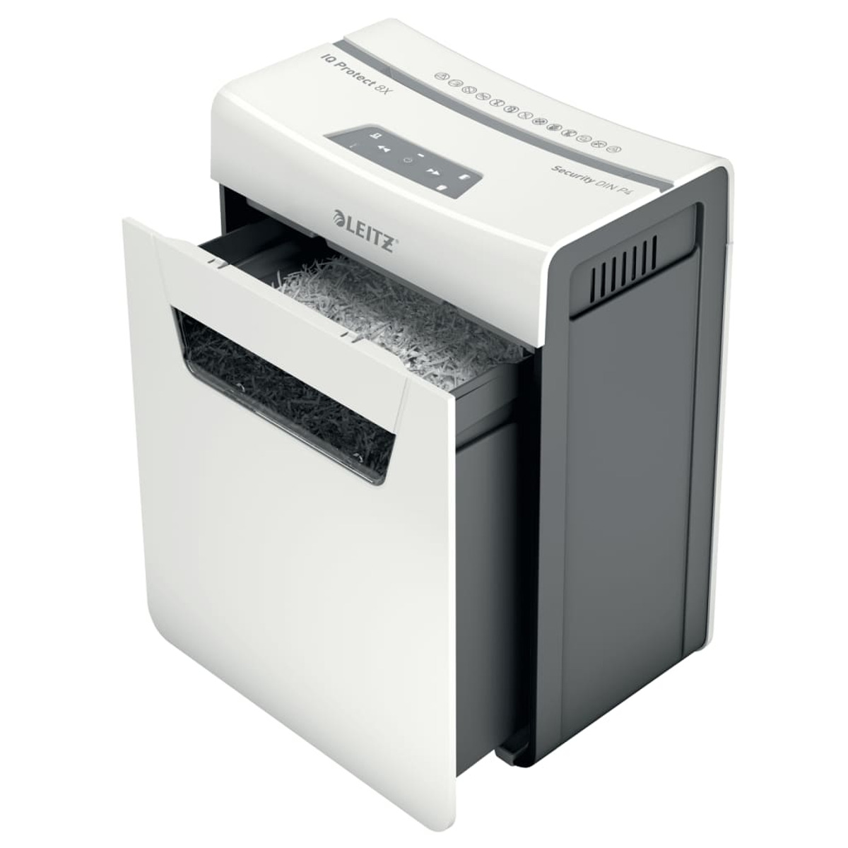 Biało-czarna niszczarka do papieru z otwartą szufladą. Marka Leitz.