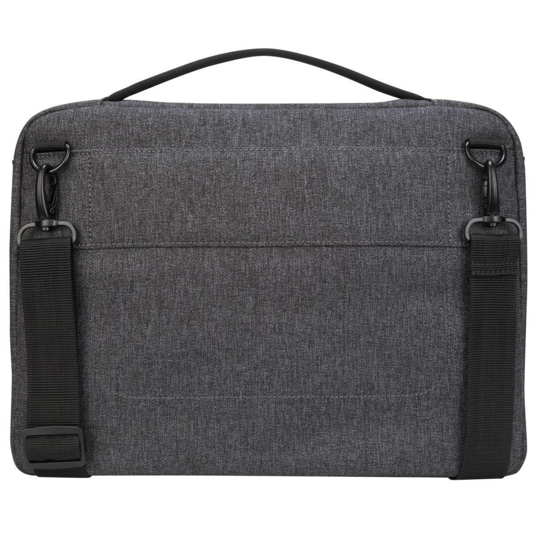 Eine graue Laptop-Tasche aus Stoff mit Griff, Schultergurt und schwarzer Hardware.