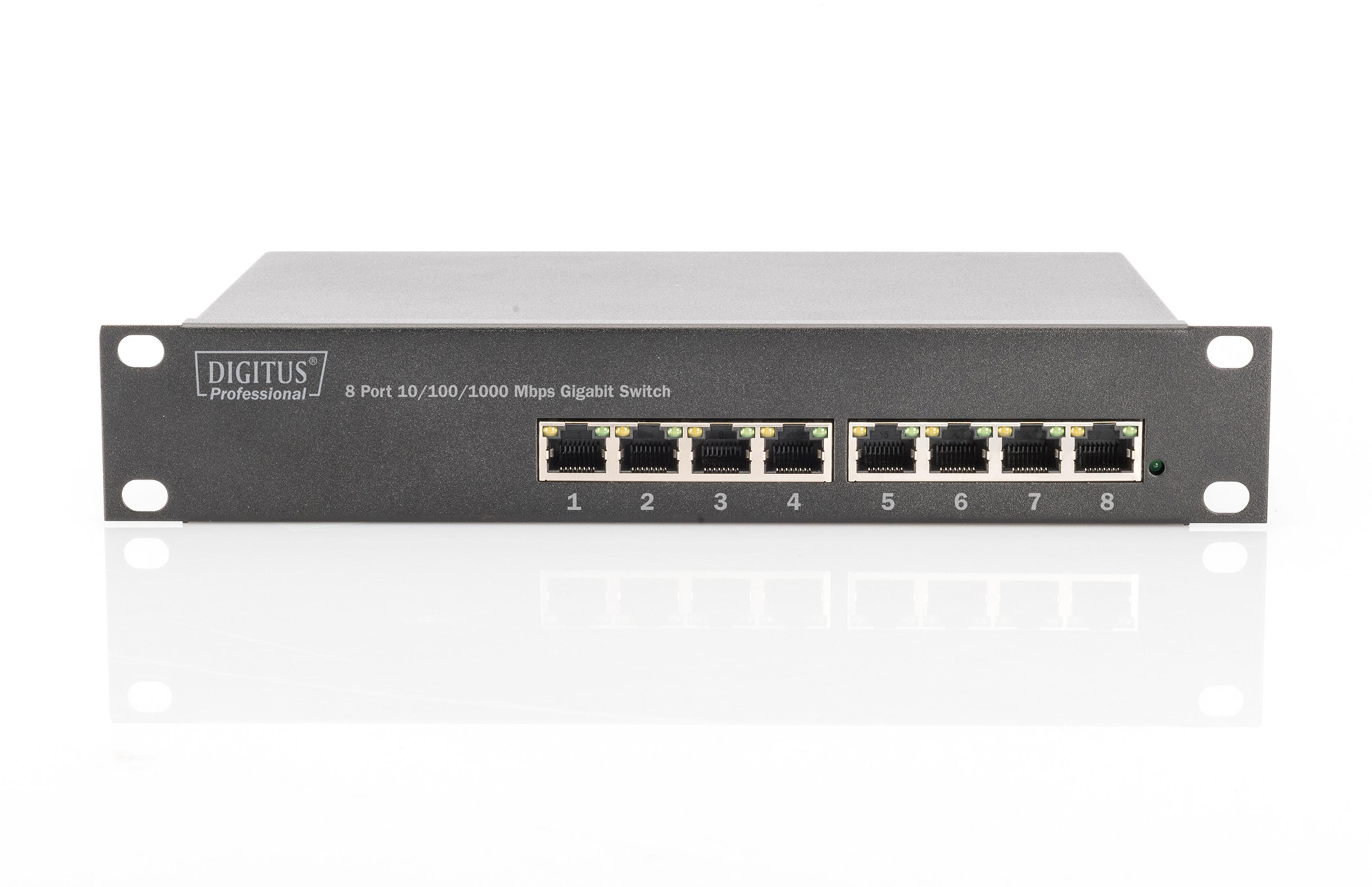 Nahaufnahme eines schwarzen 8-Port-Gigabit-Switches. Ports 1-8, Digitus Professional Logo sichtbar.